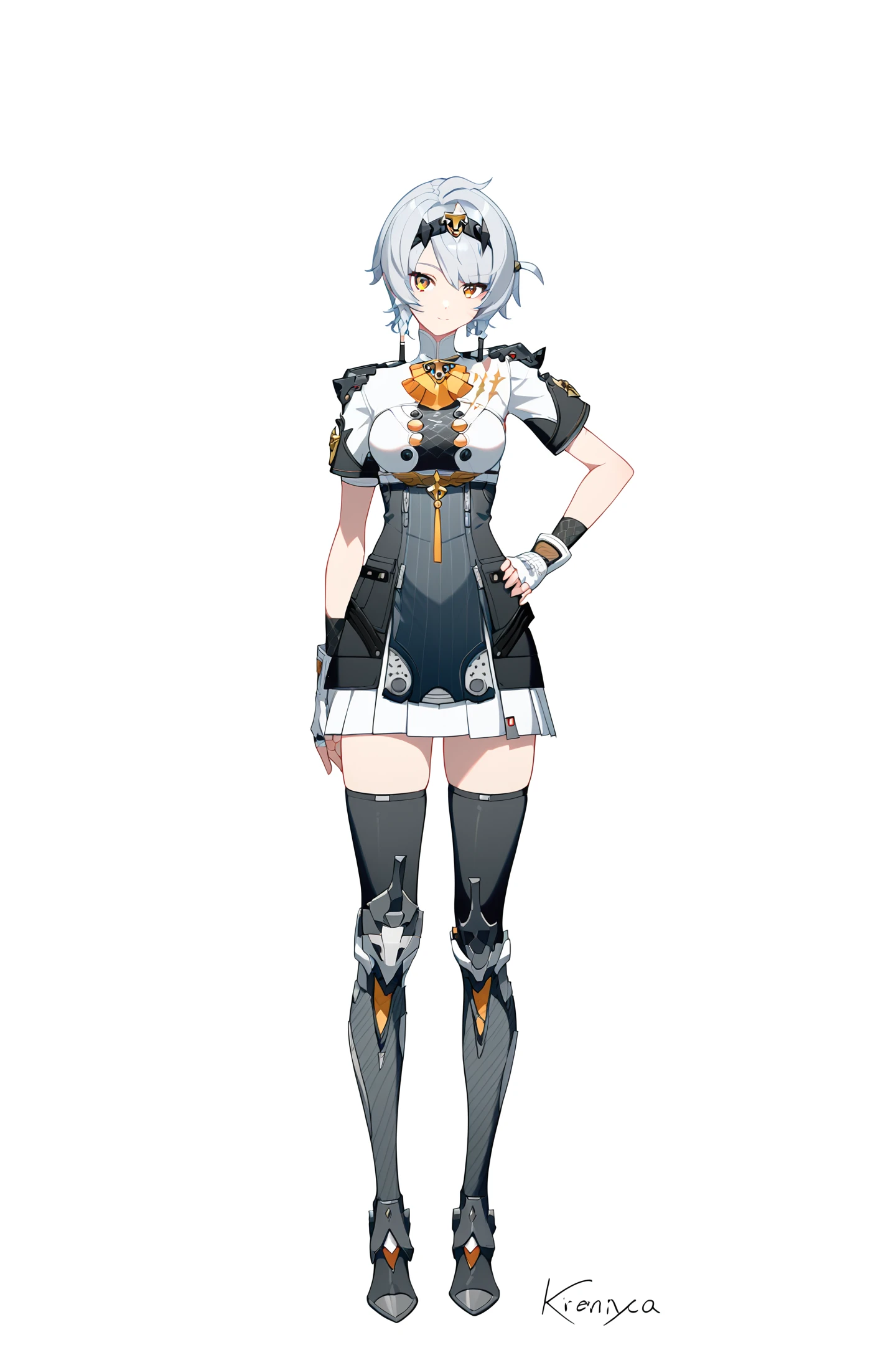 score_9,score_8_up,score_7_up,score_anime,8k,best quality,masterpiece,(ultra-detailed),(high detailed skin),(by nanoless, by misumi \(macaroni\),:0.5),<lora:YLI 0.1v:0.25>,<lora:style1:0.25>,
A full-body portrait of a young girl,standing gracefully,pastel art style,high-key lighting,shoujo manga influence,hd quality,delicate details,
full body,full shot,standing,looking at viewer,(solo:1.2),simple background,white background,hand on own hip,
<lora:anbinew-pony-Tanger-000019:0.8>,anby demara \(silver soldier\),clothes: silver soldier black and white short dress,silver soldier clothes,1girl,black knee boots,fingerless gloves,hairband,silver hair,