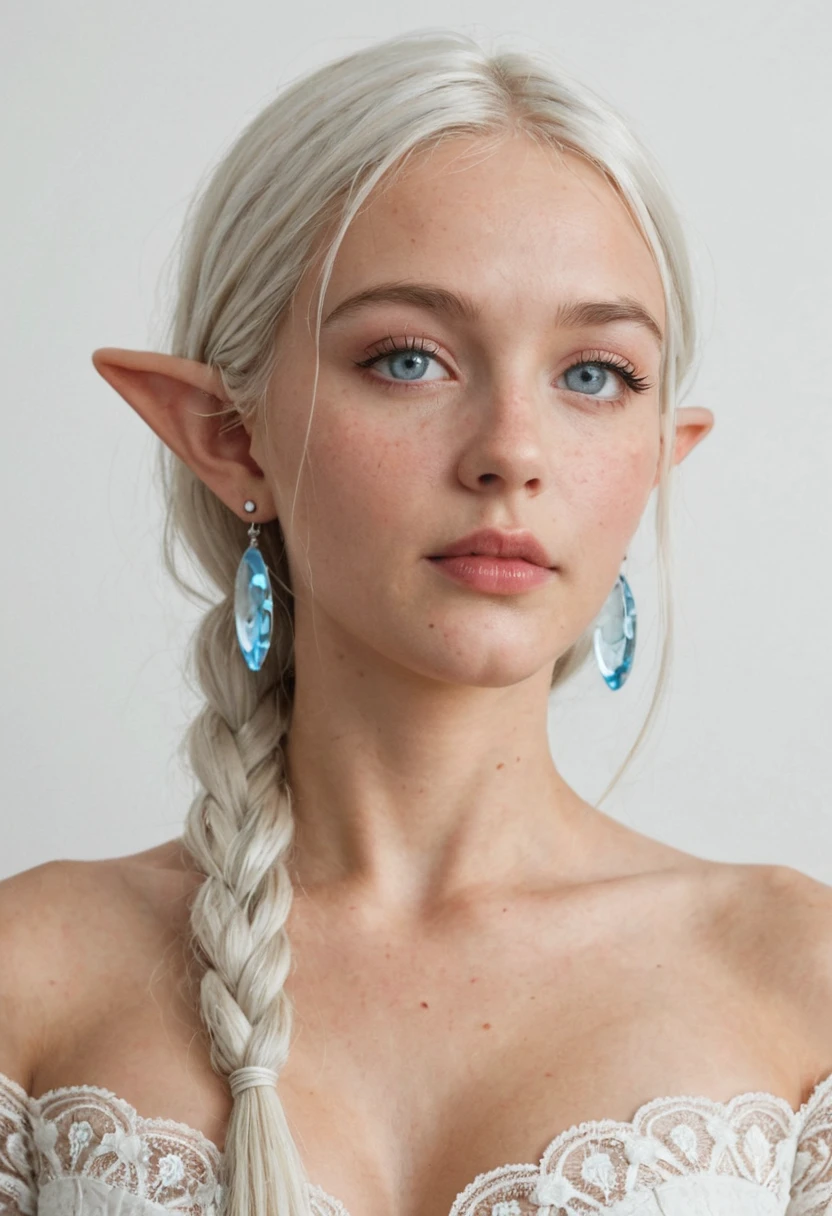 masterpiece, best quality, amazing quality, portrait, elf woman, platinum hair with braids, glowing eyes, ornate earrings, ethereal beauty, porcelain skin, fantasy lighting, hyperrealistic skin detail, regal expression