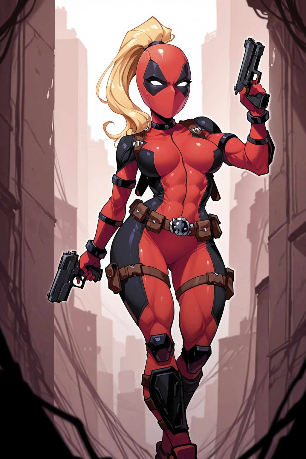 masterpiece, good quality, best quality, very awa, very as2, absurdres, highres
 <lora:Sir Koi Style Artworks StyleIlluLYCO:1.4>sirkoi, 1girl, cityscape, holding guns <lora:Lady DeadpoolilluLoRA:1> ldypol, very long hair, ponytail, blonde hair, helmet, mask, no mouth, high collar, choker, bodysuit, skin tight, toned, shoulder holster, armlet, bracelet, gloves, belt, utility belt, belt pouch, belt buckle, thigh strap, shin guards, shoes, solo