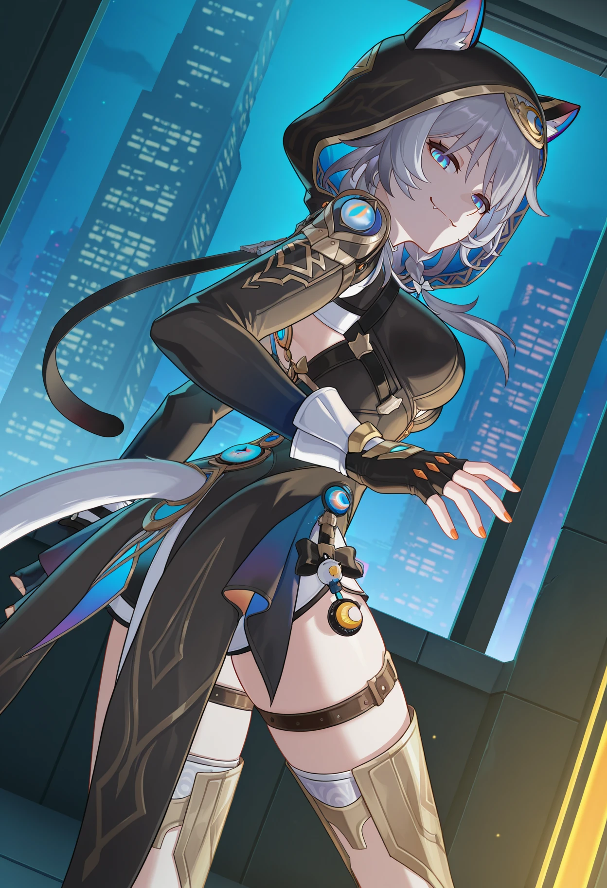 <lora:Cipher_1.0_illustrious-000052:1>,
Cipher \(honkai_star_rail\),solo,fingerless gloves,hood,looking at viewer,single thigh strap,medium breasts,hood up,cat girl,braid,thigh boots,long sleeves,fingerless gloves,black gloves,gold boots,orange nails,cat ears,fang,smirk,naughty_face,running,from_back,from behind,looking_back,night,dark,game cg,roof,neon lights,patio,skyscraper,dutch angle,cinematic_angle,dynamic_angle,cowboy_shot,leaning forward