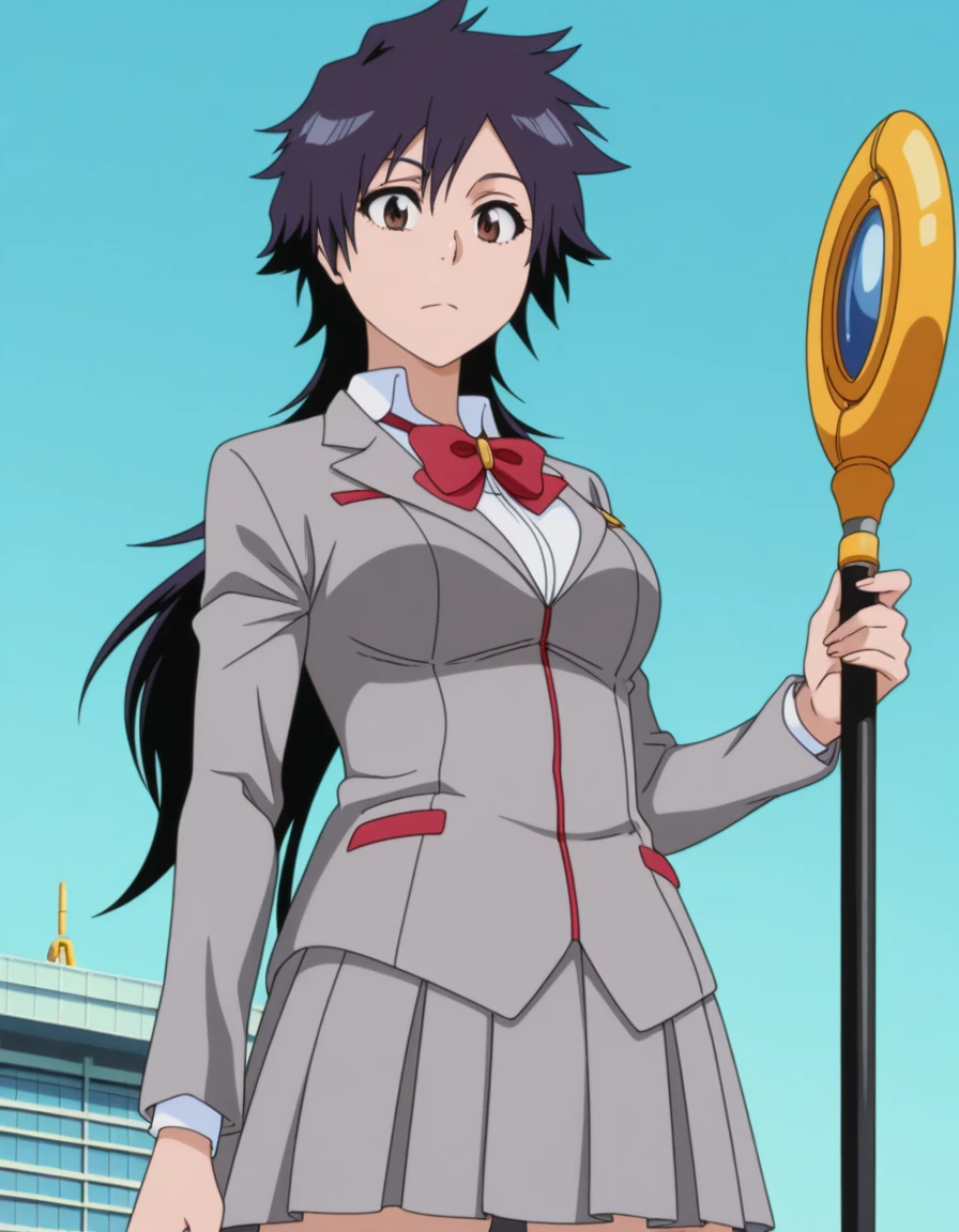 masterpiece, best quality, amazing quality,, <lora:tatsuki-arisawa-anime-illustriousxl-lora-nochekaiser:1>, tatsuki arisawa, arisawa tatsuki, short hair, black hair, long hair, brown eyes, mature female, medium breasts, anime screencap, skirt, bow, school uniform, jacket, blazer, red bow, long sleeves, grey blazer, grey skirt,, from below, control tower, high, air_traffic, windows, staff, cowboy shot, solo, looking at viewer
