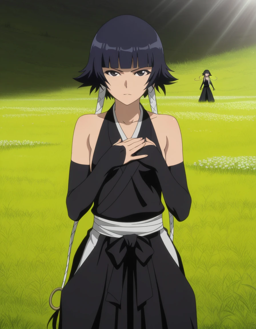 <lora:SoiFon:1.0>,
( anime screencap:1.1),indoors, 
1girl, solo, black hair, sideboob,standing, short hair with long locks, hip vent, short hair, small breasts, brown eyes, detached sleeves, hakama, black hakama, no bra, gloves, hakama skirt,low twin braids,sash,cowboy shot,