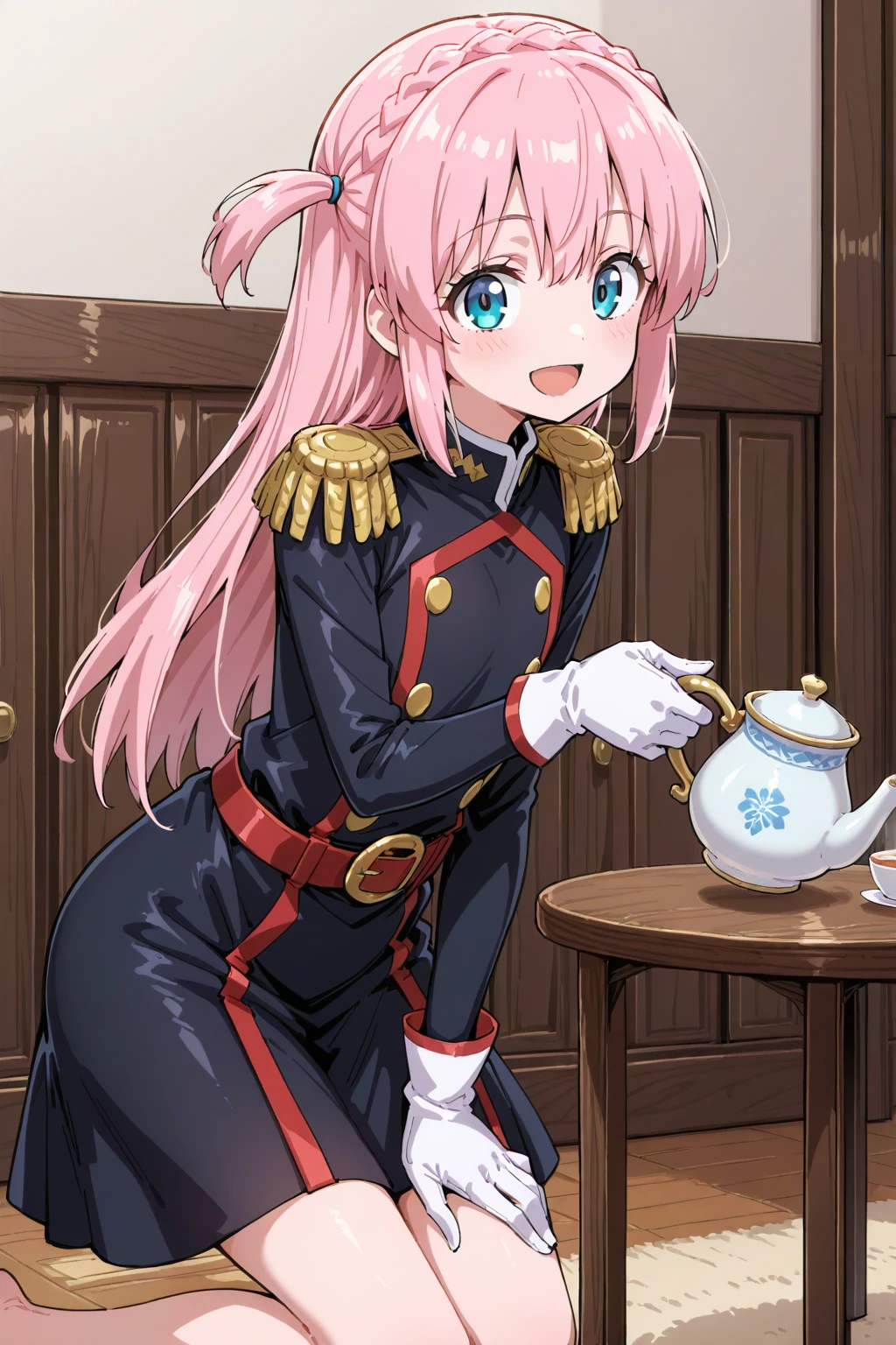(mato uniform), 1girl, solo, <lora:Mato Defense Force Illustrious1:0.6>, pink hair, long hair, straight hair, blue eyes, indoors, kneeling, hand on own thigh, tea cup, holding teapot, one side up, crown braid, :d, flat chest, table epaulettes, red belt, white gloves, black dress