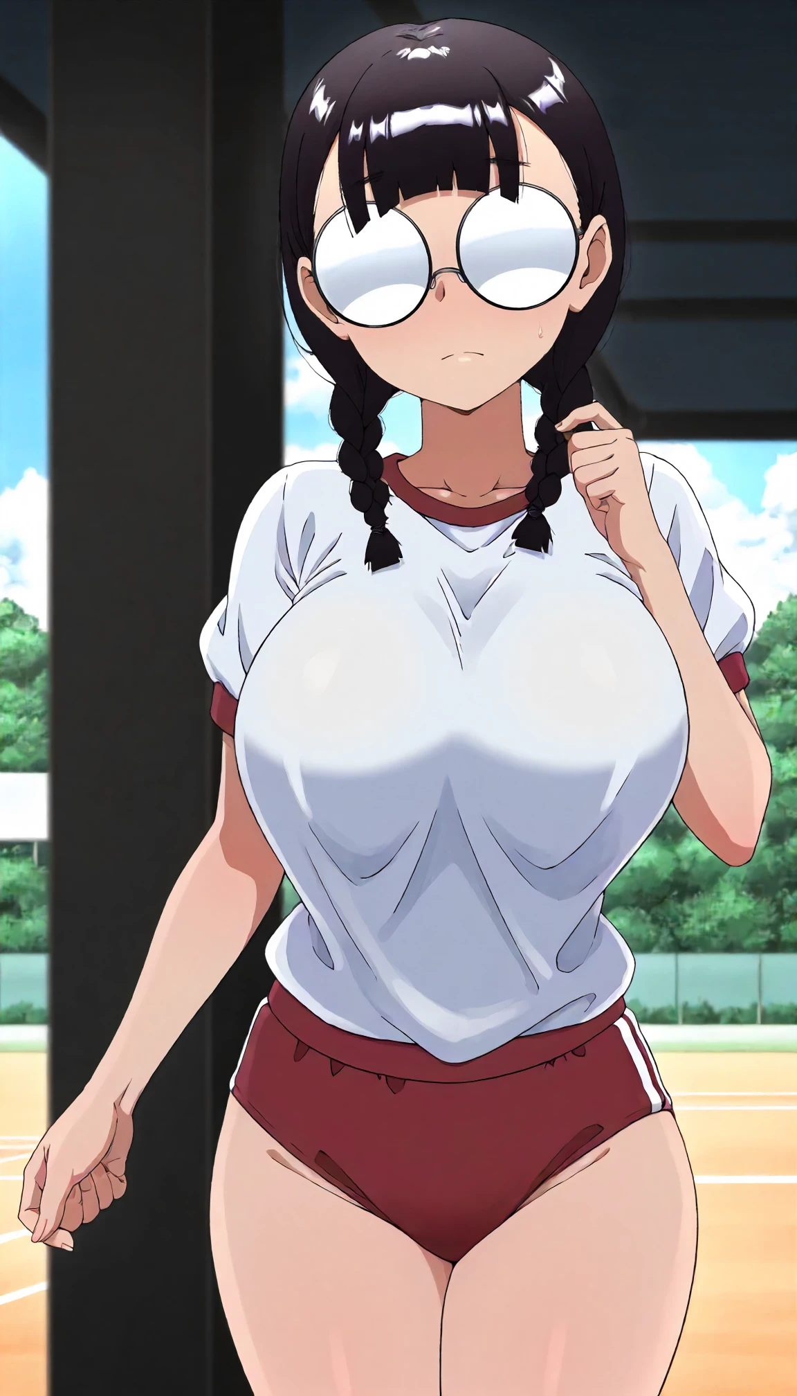 score_9, score_8_up, score_7_up, score_6_up, score_5_up, score_4_up, BREAK, source_anime, anime screencap, anime coloring, 1girl, Japanese stiff-looking beautiful female teacher, solo, perfect anatomy, milf, 36 years old, black hair, short hair, asymmetrical bangs, v shaped eyebrows, glasses, serious, looking at viewer, sweat, (skintight, very tight sleeveless gym uniform, white shirt, shirt-in, under sized micro blue buruma, zettai ryouiki white thighhighs), sagging huge_breasts, tarechichi, erect nipples, thigh gap, indoor, gym, hand on hip, standing, skinny, (unshaven hairy natural public hair:1.2), unshaven hairy natural armpit hair