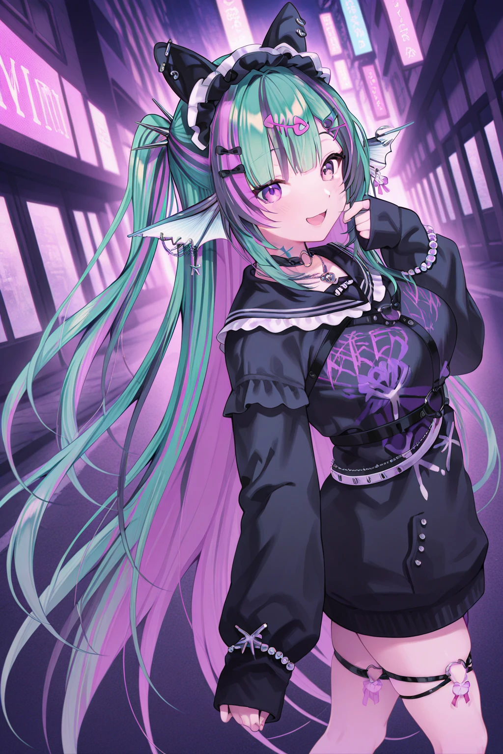 1girl, FinanaRyuguNijisanji,
general, solo, perspective, dynamic angle, from side,
purple eyes, ,
jirai kei,
hair bow, shell hair ornament, piercing,
hairband,
fish hair ornament, heart o-ring,
hairclip, x hair ornament,
earrings,
neck tattoo, o-ring choker, necklace,
black sailor collar,
long sleeves, sleeves past wrists, bracelet,
black dress, harness, black belt,
jewelry, thigh strap, bandaid,
looking at viewer. \:D, arms at sides, hands up,
shibuya, neon, street,
<lora:kp_FinanaRyuguNijisanji4thCostumeIllustrious_v1_0:1.0>,
masterpiece, best quality, amazing quality