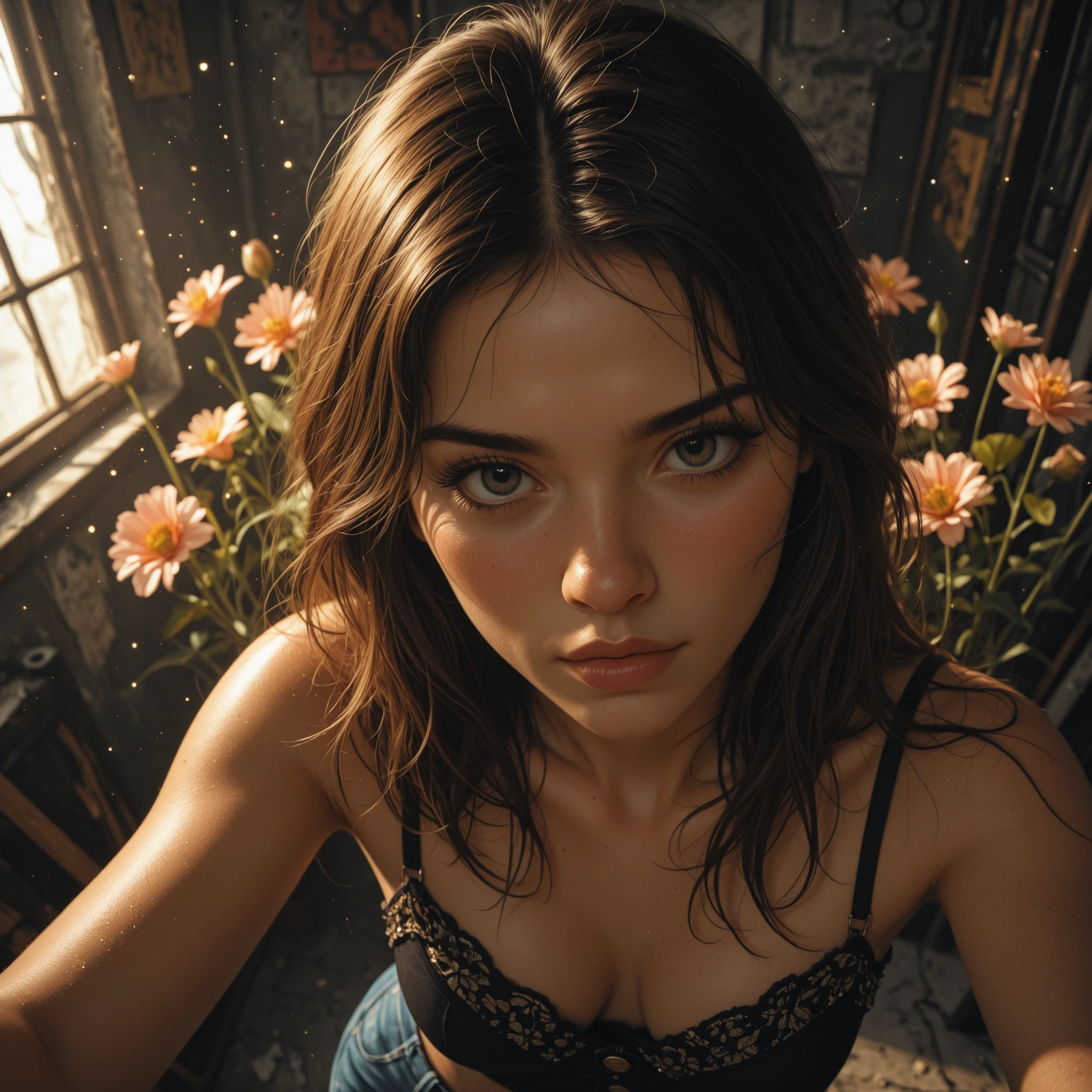 high_quality, highres, beautiful, detailed, (masterpiece, best quality:1.2), absurdres, 8k, HDR, 
retro, grunge, woman,
 high_angle, dramatic_perspective,
glowing_particles, backlight, professional, art, long_lashes , side_glance, flowers