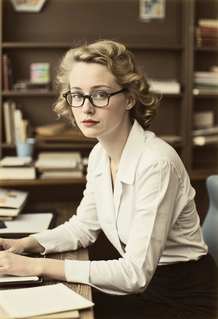 OldJapan style photo of a blonde German woman working in an office, she is wearing a white shirt and black skirt, glasses perched on her nose, captured in a bw photo colored by hand with subtle hand-painted accents, using a high-quality Hasselblad film camera with an aperture set to f/8.
