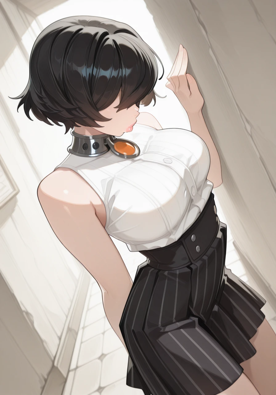 a woman with a short black hair and a white top is leaning against a wall and wearing a black and white striped skirt, 1girl, bare shoulders, black hair, black skirt, breasts, collar, hair over eyes, high-waist skirt, large breasts, lips, pinstripe pattern, short hair, skirt, sleeveless, sleeveless shirt, solo, striped, striped skirt, vertical-striped skirt, vertical stripes, BREAK character_concept, cowboy_shot, (dutch_angle:1.25), <lora:Coquette_IL_Style-000009:1> C0qu3tt3, <lora:illustrious_quality_modifiers_masterpieces_v1:1> masterpiece, very aesthetic, absurdres