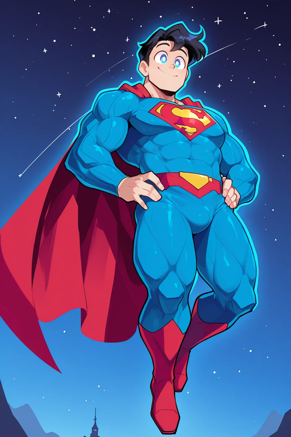 masterpiece, good quality, best quality, very awa, very as2, absurdres, highres
<lora:Sir Koi Style Artworks StyleIlluLYCO:1.2>sirkoi, 1boy, superman \(series\), hands on own hips, smile, midair, big eyes, sky, starry sky, muscular male,