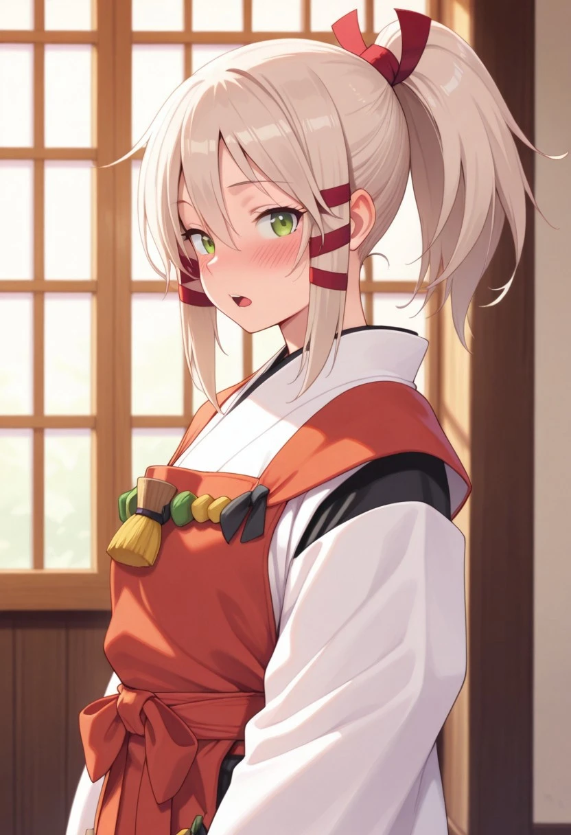 masterpiece,best quality,amazing quality, uka, light beige hair, green eyes, ponytail, long hair, 1girl, solo, blush, hair ribbon, ribbon, open mouth, japanese clothes