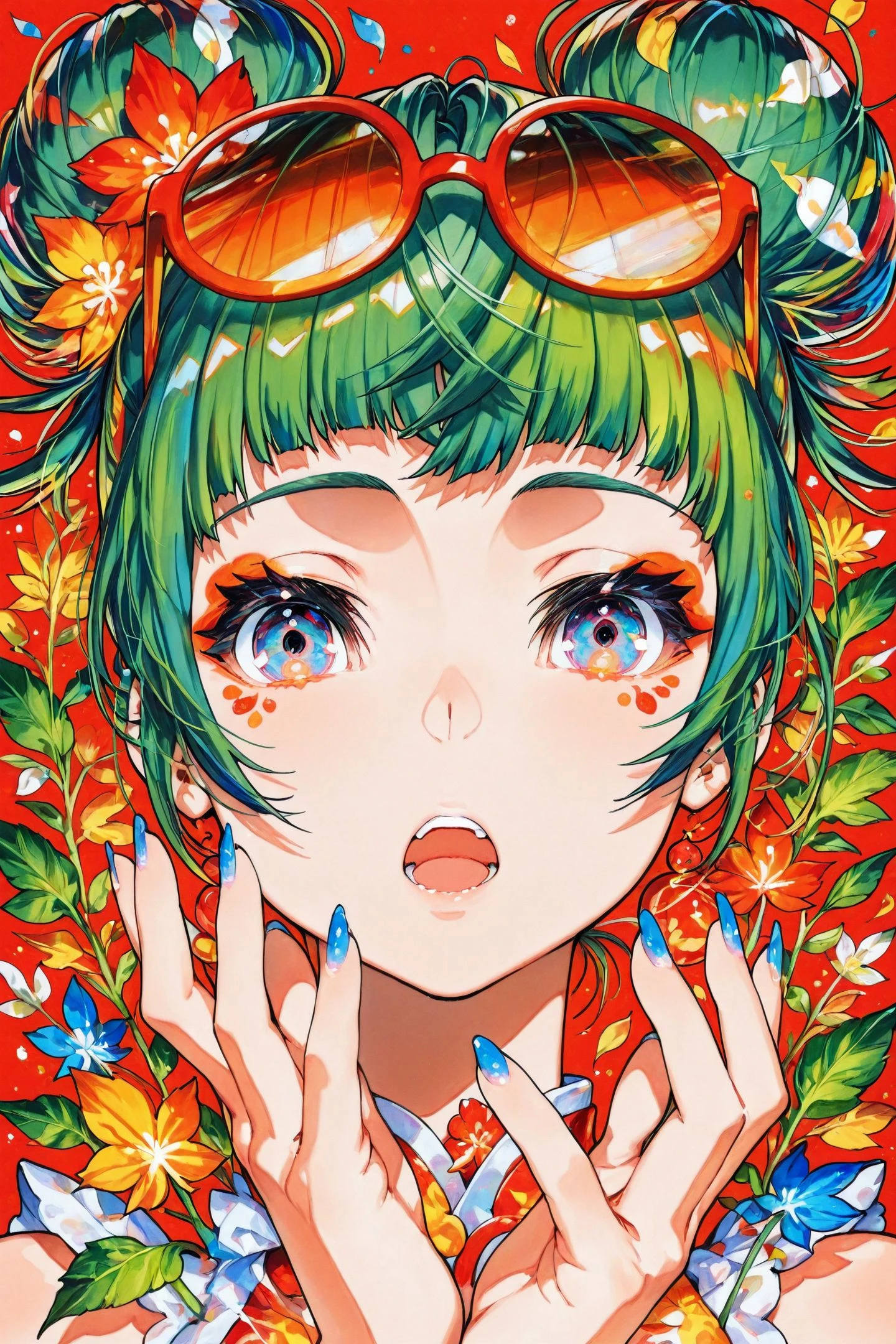 1girl,solo,red background,open mouth,looking at viewer,eyewear on head,double bun,portrait,hair bun,sunglasses,leaf,colorful,blue nails,multicolored eyes,nail polish,green hair,traditional media,
<lora:Mika Pikazo_illustriousXL:1.5>,
