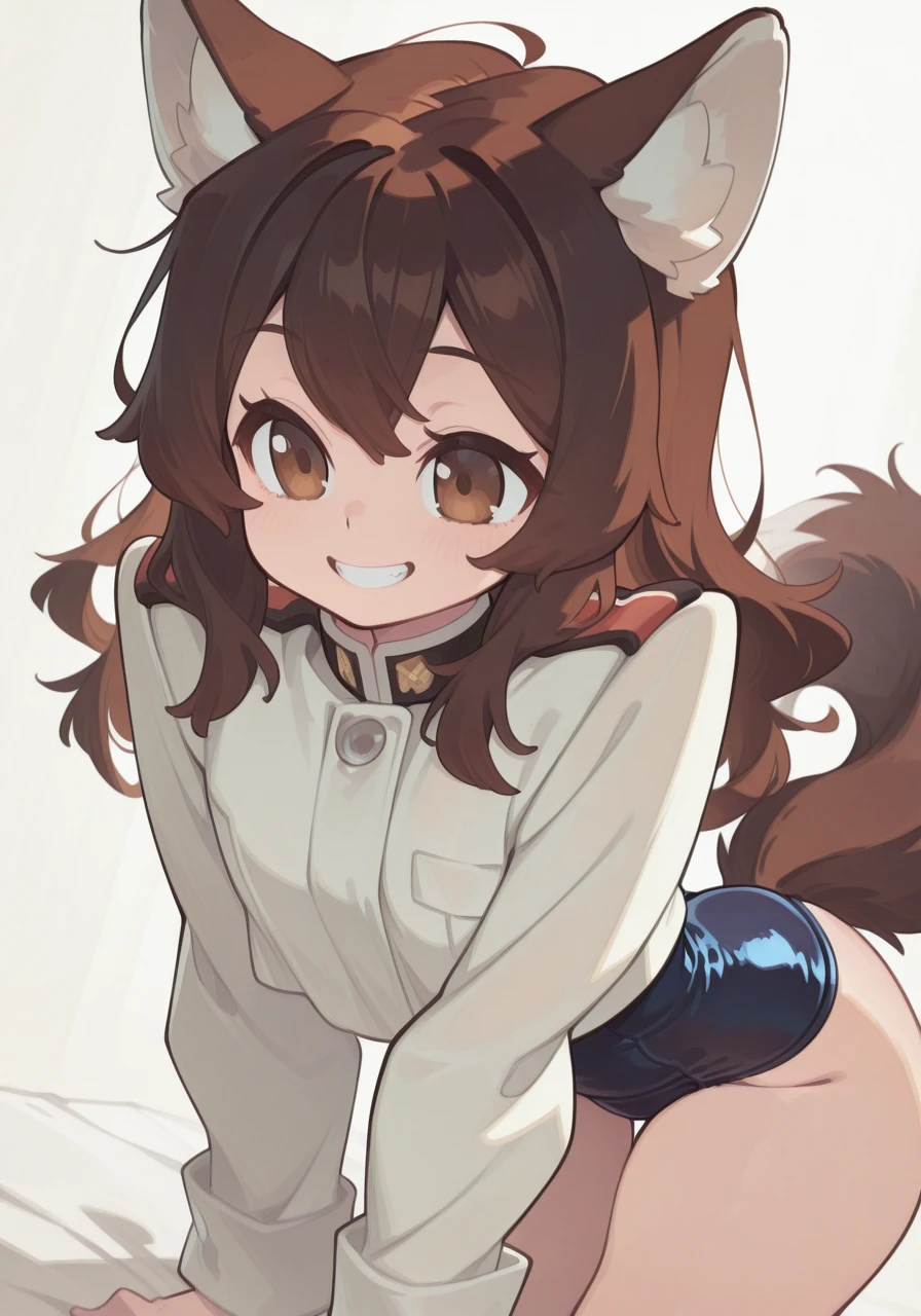1girl, all fours, animal ears, brown eyes, brown hair, grin, long hair, military, military uniform, school swimsuit, simple background, smile, solo, swimsuit, swimsuit under clothes, tail, wolf ears, wolf girl, wolf tail, BREAK character_concept, cowboy_shot, (dutch_angle:1.25), <lora:Puchona_IL_Style-000002:1> Puch0n4, <lora:illustrious_quality_modifiers_masterpieces_v1:1> masterpiece, very aesthetic, absurdres