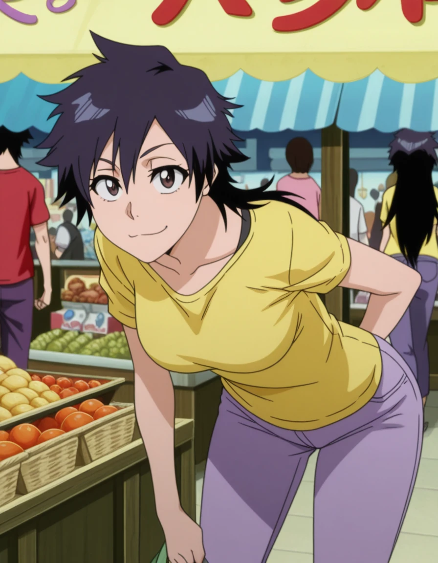 masterpiece, best quality, amazing quality,, <lora:tatsuki-arisawa-anime-illustriousxl-lora-nochekaiser:1>, tatsuki arisawa, arisawa tatsuki, short hair, black hair, long hair, brown eyes, mature female, medium breasts, anime screencap, t-shirt, shirt, yellow shirt, short sleeves, pants, purple pants,, bent over, smug,, market stall, goods, people, shopping, vendor, cowboy shot, solo, looking at viewer