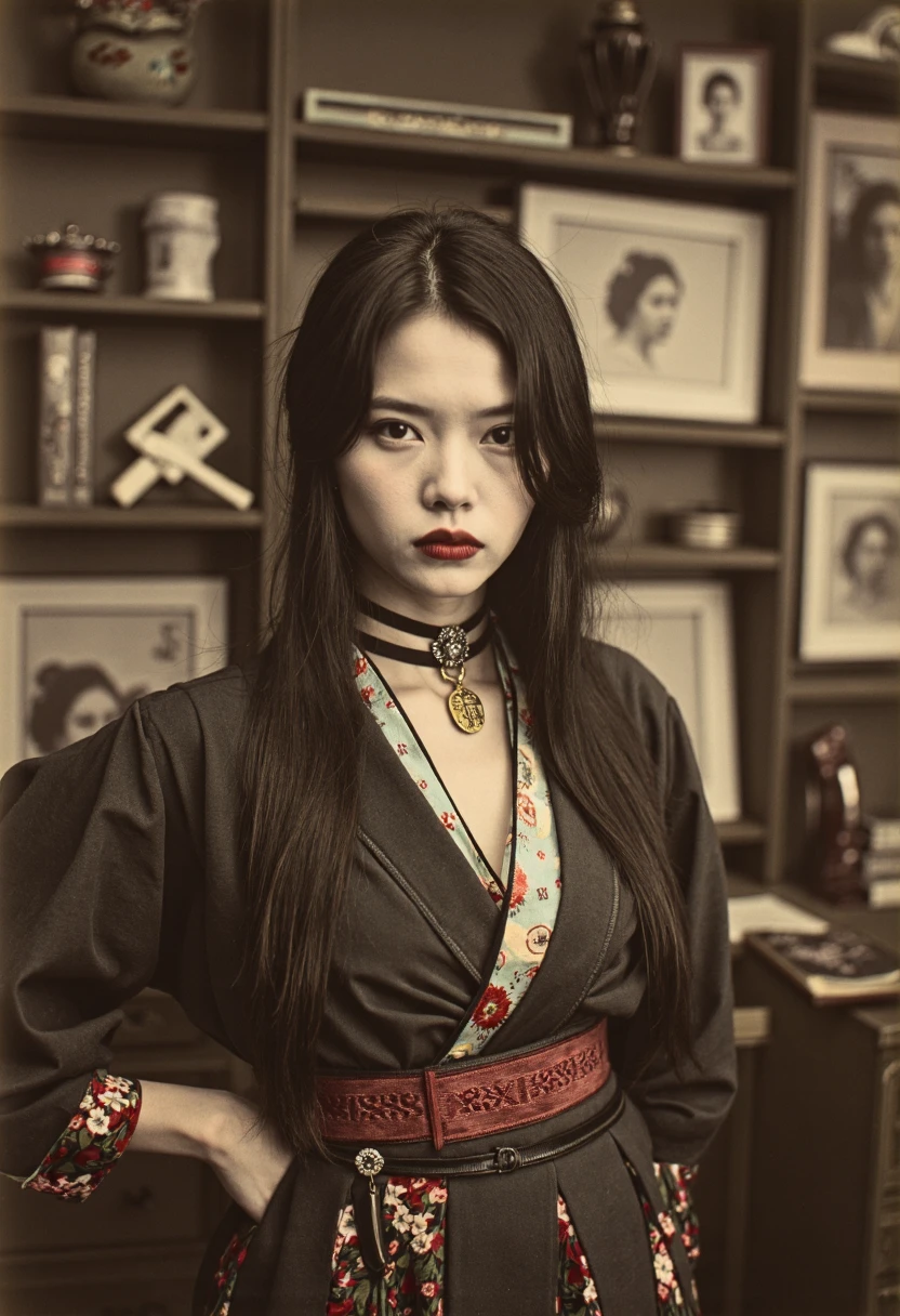 OldJapan style photo: A brunnette French woman, styled in Terry Richardson's edgy portraiture, stands resolutely, her dark hair cascading past her shoulders, wearing a choker necklace that catches the light. Set against an intentionally cluttered yet stylish background, hints of traditional Japanese aesthetics subtly infuse the scene. Shot with a high-quality digital camera set to a wide aperture for a shallow depth of field, the black and white photo is then meticulously colored by hand, emphasizing the choker and her attire.