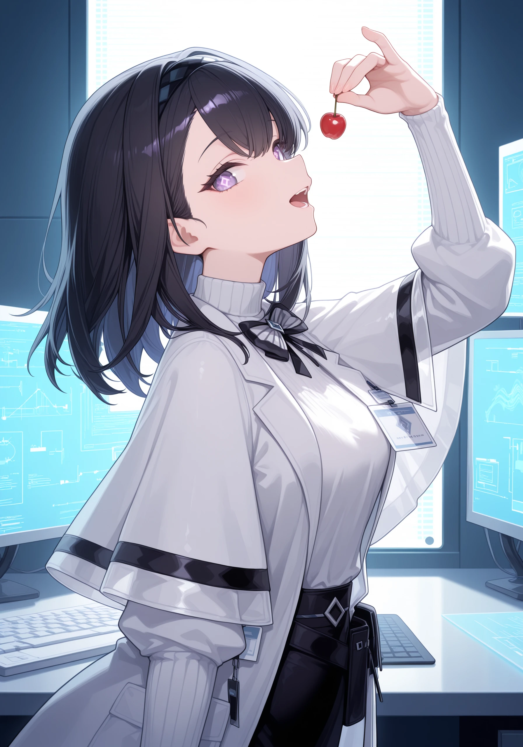 1girl, <lora:prts_sn59:1>, prts, black hair, black hairband, diamond pupils, white coat, striped bowtie, id card, white turtleneck sweater, capelet, looking upwards, side view, curled fingers, cherry in hand, holding cherry, open mouth, teeth,
side eye, looking at viewer, laboratory background, white room, computer screen, hologram,
high resolution, ultra-detailed, absurdres, masterpiece, best quality, good quality, newest