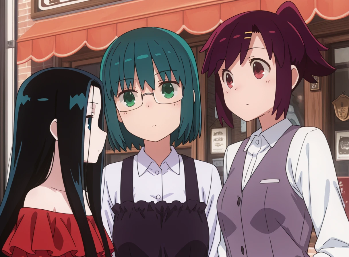 <lora:Joshiraku Illustriousv0:1> joshiraku, 3girls, bouhatei_tetora, anrakutei_kukuru, kuurubiyuutei_gankyou , off-shoulder dress, twintails, collared shirt, vest over shirt, frilled dress, capelet, upper body, storefront, masterpiece, best quality, very aesthetic