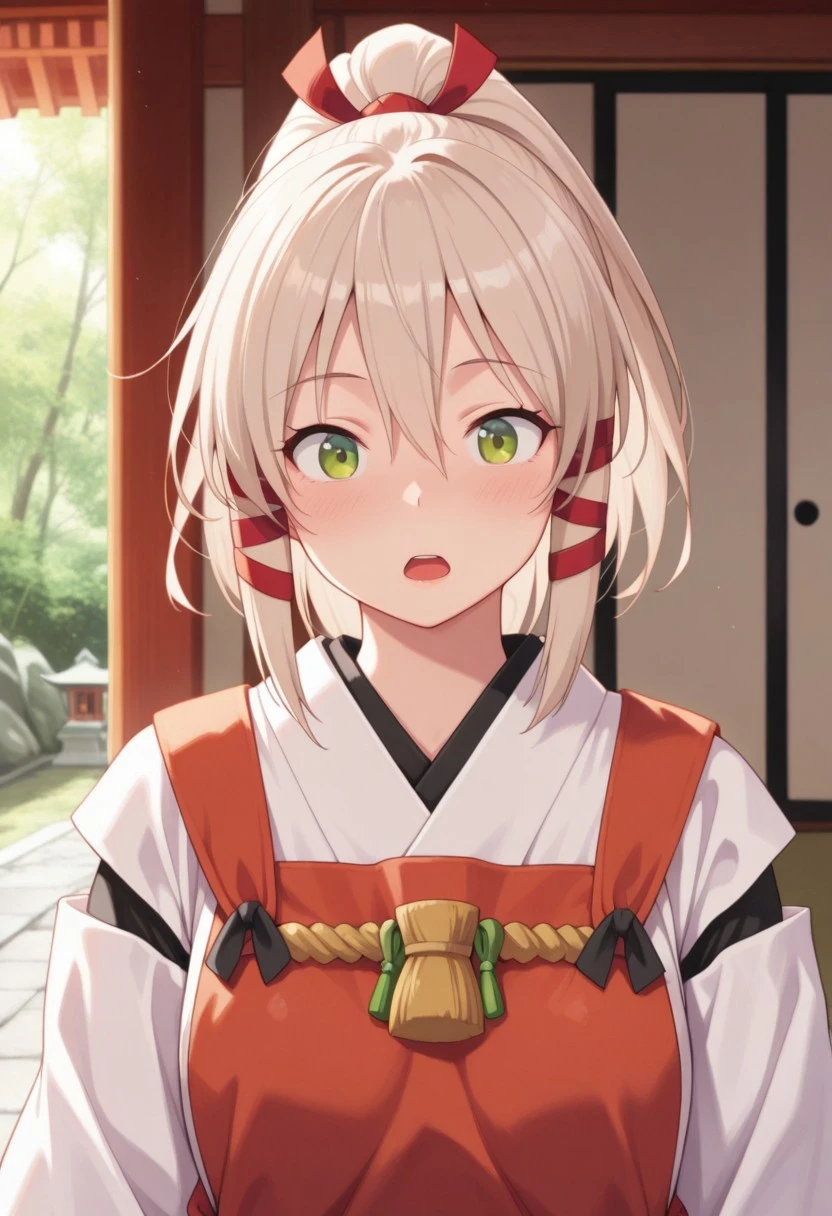 masterpiece,best quality,amazing quality, uka, light beige hair, green eyes, ponytail, long hair, 1girl, solo, hair ribbon, ribbon, miko, japanese clothes, tress ribbon, open mouth