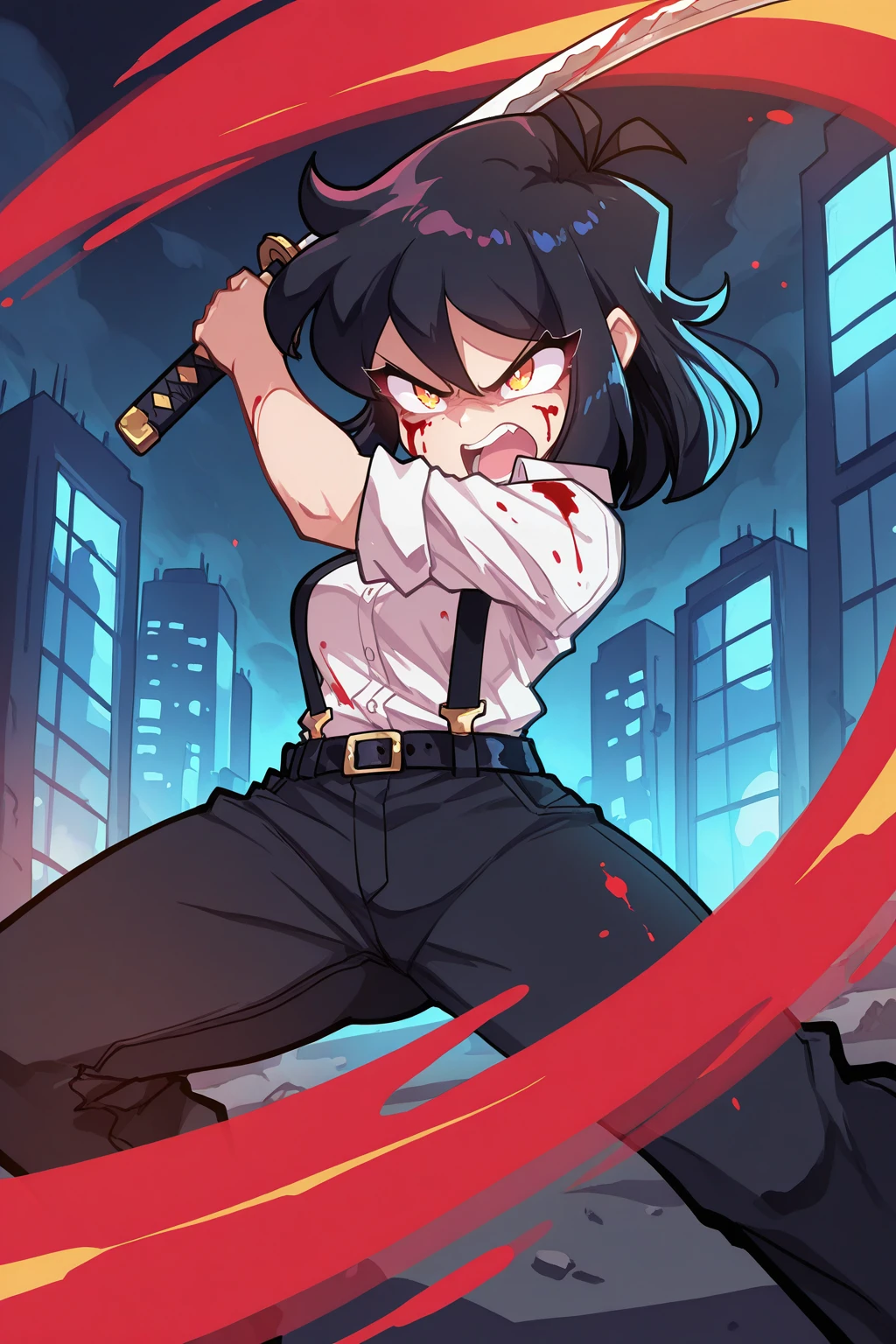 masterpiece, good quality, best quality, very awa, very as2, absurdres, highres
<lora:Sir Koi Style Artworks StyleIlluLYCO:1.2>sirkoi, 1girl, collared shirt, blood on face, blood on clothes, dual wielding, holding katana, angry, open mouth, dynamic pose, fighting stance, slashing, suspenders, belt, pants, cityscape, at night