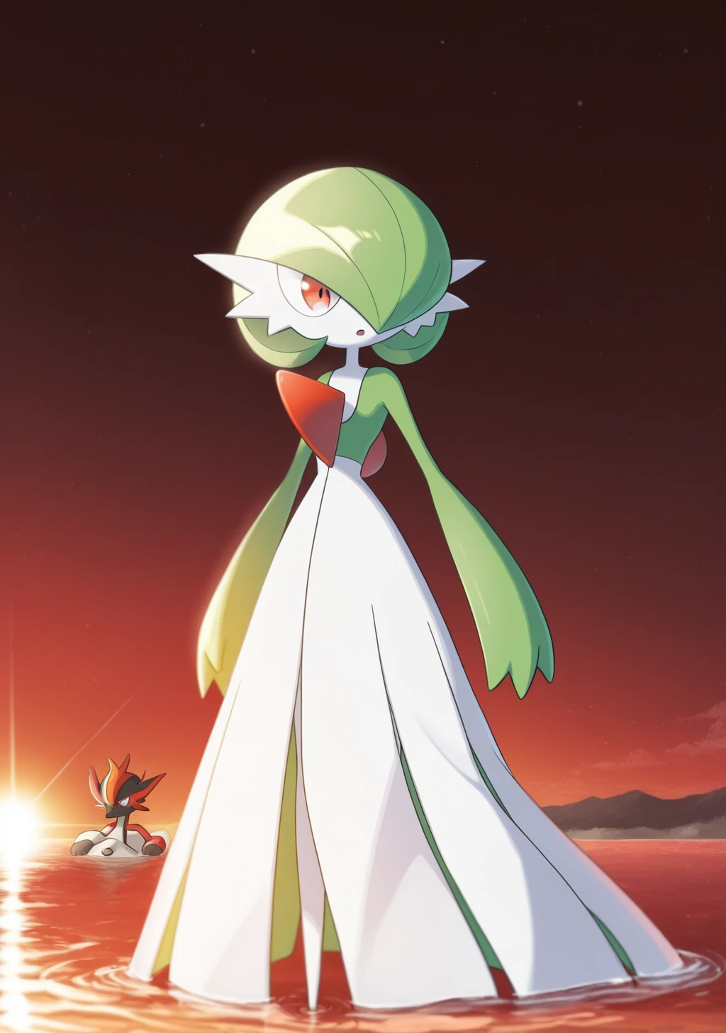 score_9, score_8_up, score_7_up, score_6_up, score_5_up, score_4_up, masterpiece, high quality, BREAK, full body, 1girl,  <lora:Gardevoir [Illustrious]:0.8> Gardevoir, white skin, short hair, red eyes, white dress, pokemon (creature), red crest on chest, green sleeves, shiny, <lora:BikiniBathing_Suit_Tanline_Illustrious:0.8> bathingsuittanline, tan lines, bikini, bathing suit,