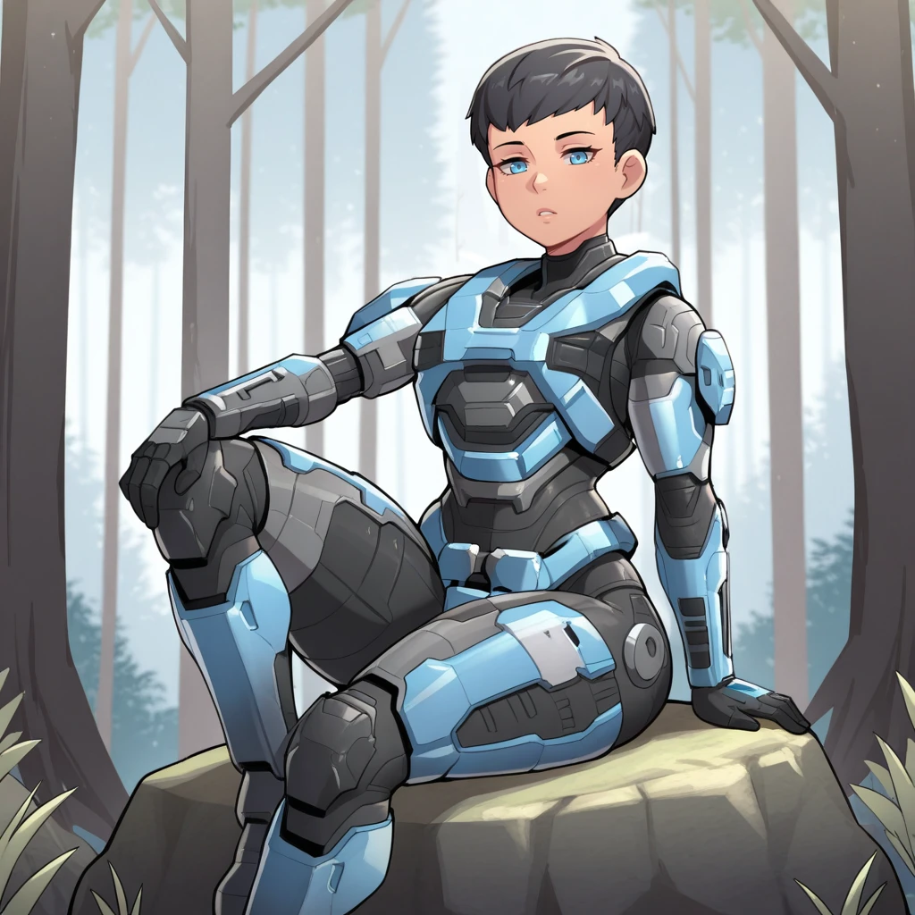 masterpiece, best quality, kat-b320, 1girl, solo, black hair, short hair, pixie cut, blue eyes, blue armor, <lora:Kat-b320_HaloReach_illustrious_Leaf1_r1:1>, outdoors, forest, sitting on rock, spartan \(halo\),