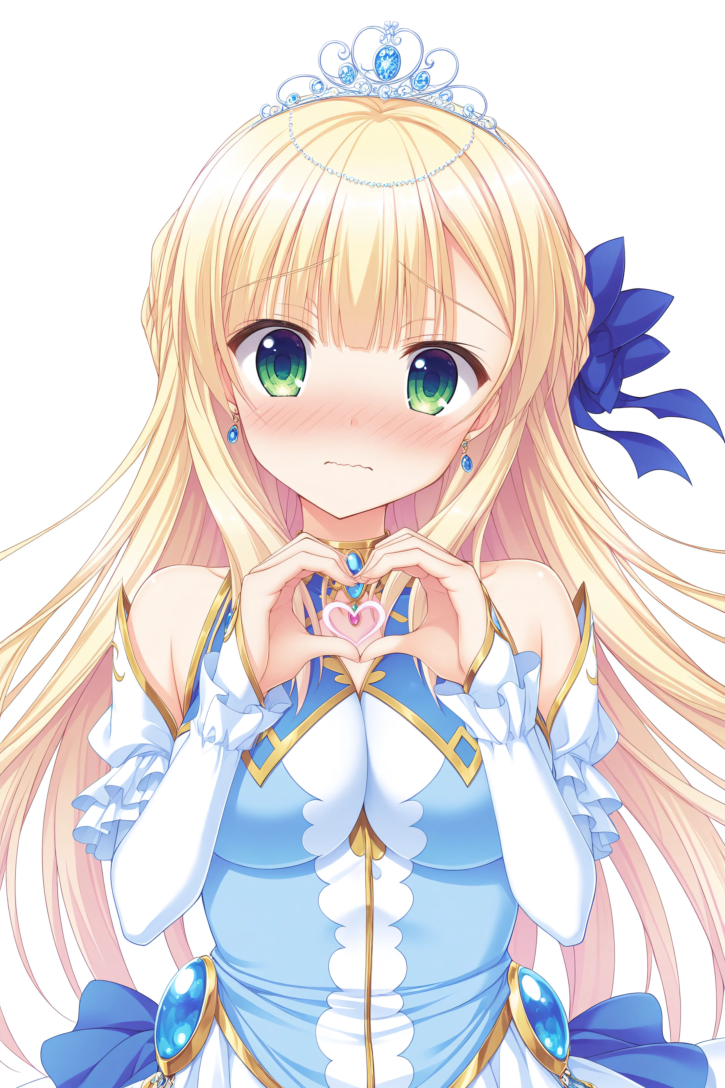 1 woman,Alone, High resolution, Long hair, breasts, blush, smile, fringe, Hair bow, language, blue eyes, blond hair,throw, hair flower, animated style. Anile “Violet Evergarden”.
