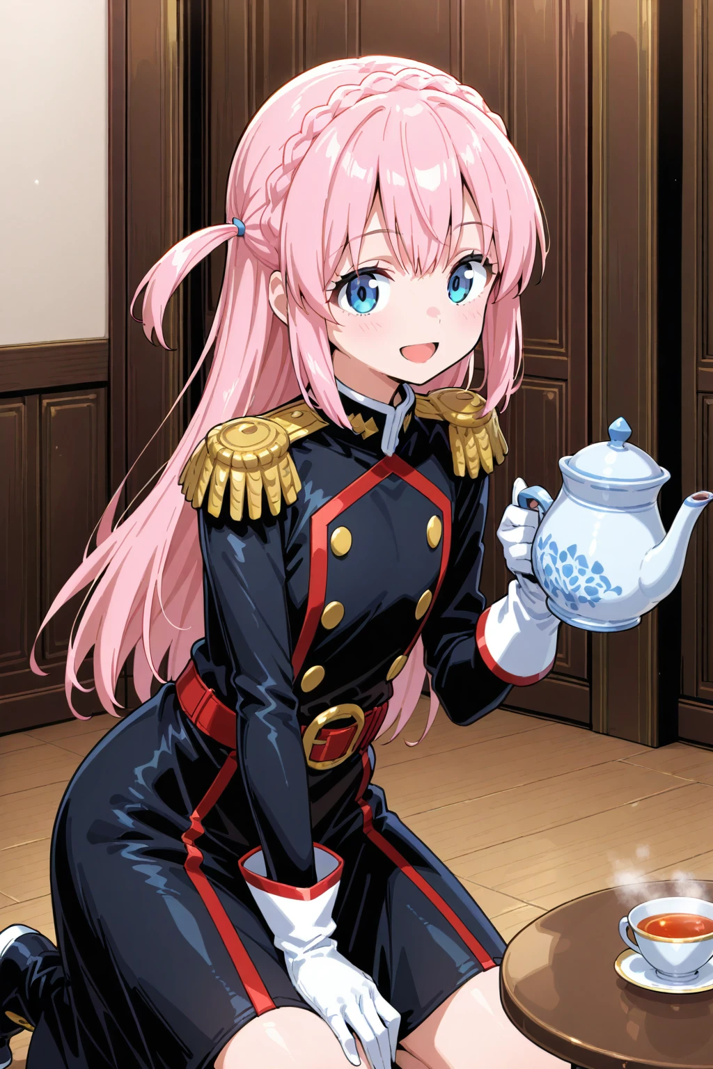 (mato uniform), 1girl, solo, <lora:Mato Defense Force Illustrious1:0.6>, pink hair, long hair, straight hair, blue eyes, indoors, kneeling, hand on own thigh, tea cup, holding teapot, one side up, crown braid, :d, flat chest, table epaulettes, red belt, white gloves, black dress