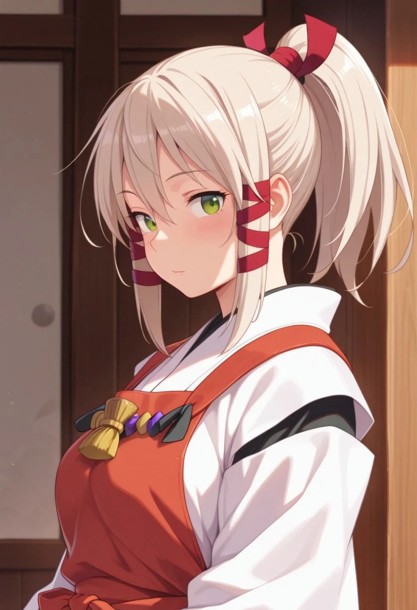 masterpiece,best quality,amazing quality, uka, light beige hair, green eyes, ponytail, long hair, 1girl, hair ribbon, solo, ribbon, tress ribbon, japanese clothes, miko