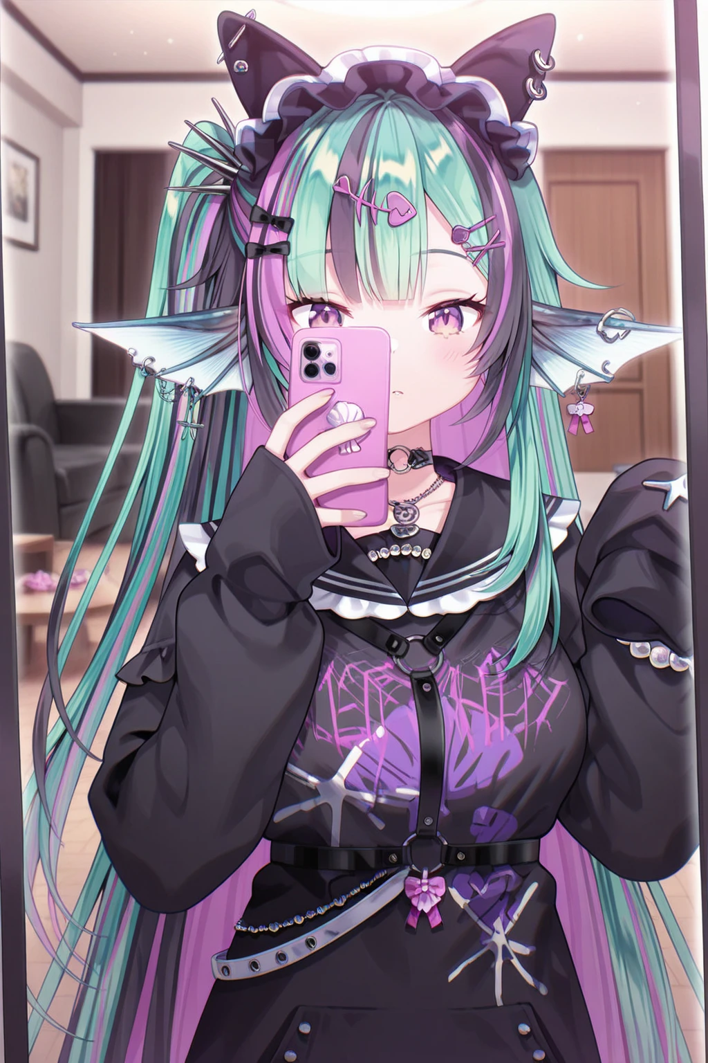 1girl, FinanaRyuguNijisanji,
general, solo, upper body,
jirai kei,
hair bow, shell hair ornament, piercing,
hairband,
fish hair ornament, heart o-ring,
hairclip, x hair ornament,
earrings,
tattoo, o-ring choker, necklace,
black sailor collar,
long sleeves, sleeves past fingers, bracelet,
black dress, , harness, black belt, seashell,
jewelry,
selfie, holding, (smartphone),
indoors, living room,
<lora:kp_FinanaRyuguNijisanji4thCostumeIllustrious_v1_0:1.0>,
masterpiece, best quality, amazing quality