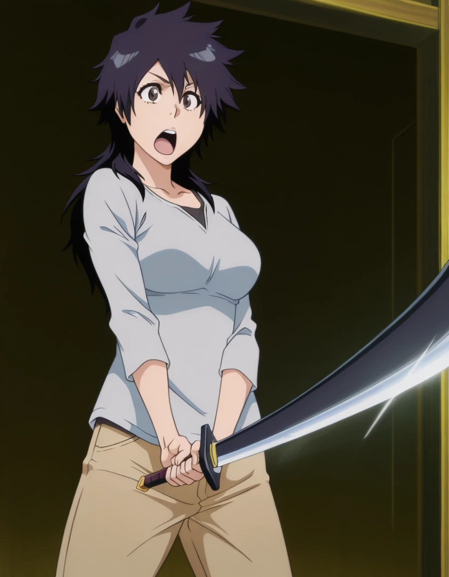 masterpiece, best quality, amazing quality,, <lora:tatsuki-arisawa-anime-illustriousxl-lora-nochekaiser:1>, tatsuki arisawa, arisawa tatsuki, short hair, black hair, long hair, brown eyes, mature female, medium breasts, anime screencap, <lora:sunrise-stance-illustriousxl-lora-nochekaiser:1>, sunrise stance, weapon, sword, solo, open mouth, holding weapon, holding, holding sword,,