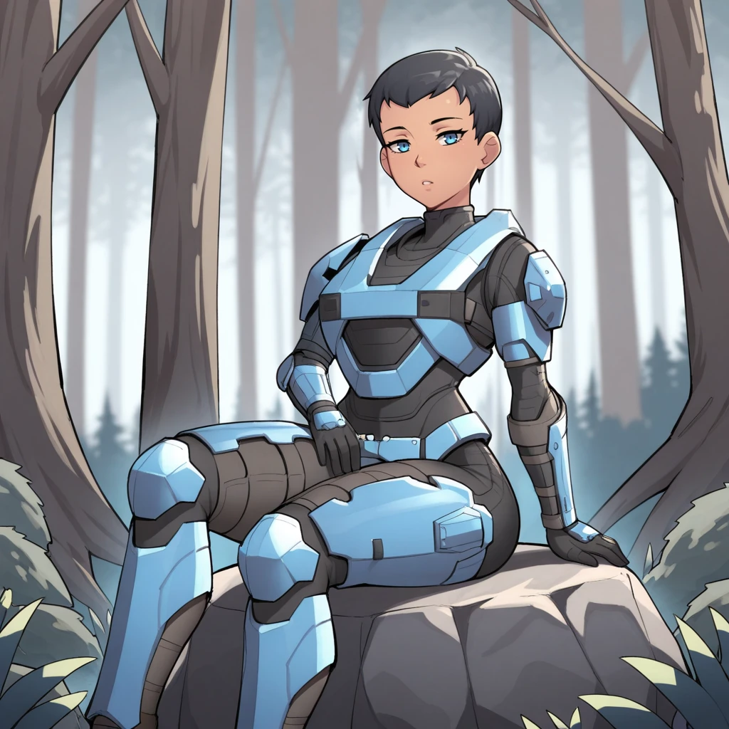 masterpiece, best quality, kat-b320, 1girl, solo, black hair, short hair, blue eyes, blue armor, <lora:Kat-b320_HaloReach_illustrious_Leaf1_r1:1>, outdoors, forest, sitting on rock,
