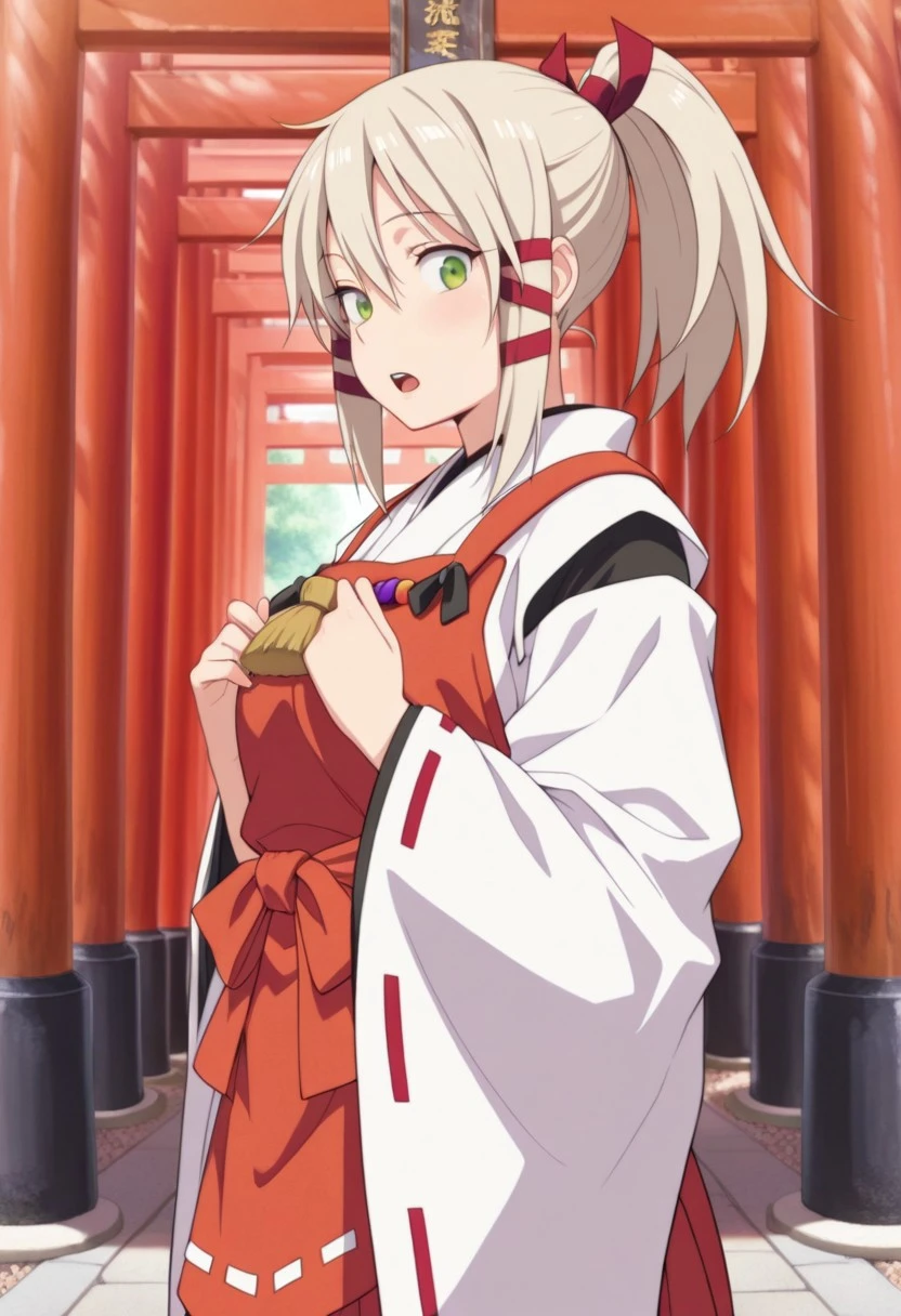 masterpiece,best quality,amazing quality, uka, light beige hair, green eyes, ponytail, long hair, 1girl, hair ribbon, ribbon, miko, japanese clothes, solo, tress ribbon, torii, open mouth
