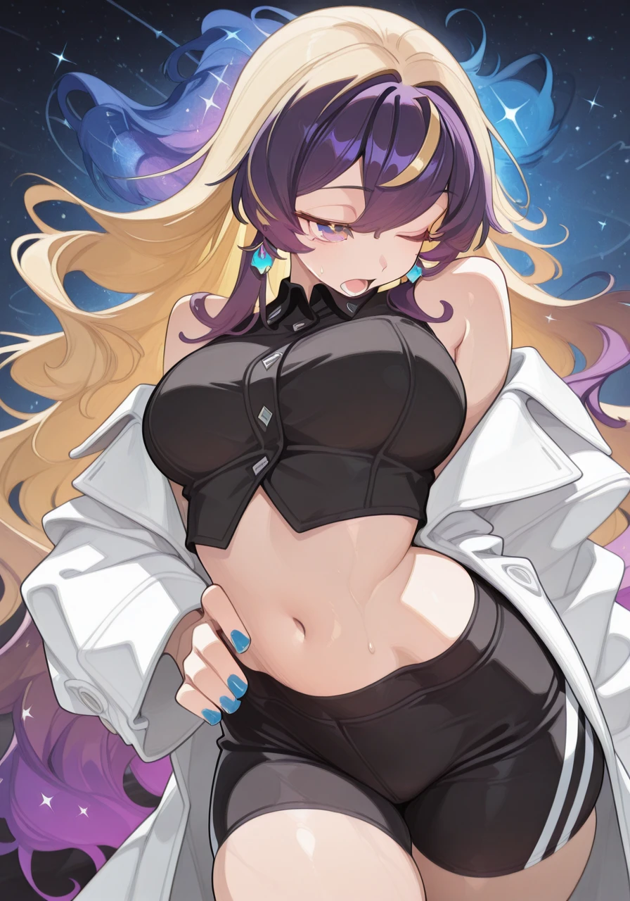 1girl, bare shoulders, bike shorts, black shirt, black shorts, blonde hair, blue nails, breasts, coat, collared shirt, colored inner hair, crop top, earrings, gradient eyes, gradient hair, hair between eyes, hand on own hip, jacket, jewelry, large breasts, long hair, long sleeves, looking at viewer, midriff, multicolored eyes, multicolored hair, nail polish, navel, off shoulder, one eye closed, open clothes, open coat, open mouth, purple eyes, purple hair, shirt, shorts, sleeveless, sleeveless shirt, solo, starry hair, sweat, two-tone hair, very long hair, virtual youtuber, white coat, white jacket, yellow eyes, BREAK character_concept, cowboy_shot, (dutch_angle:1.25), <lora:Coquette_IL_Style-000009:1> C0qu3tt3, <lora:illustrious_quality_modifiers_masterpieces_v1:1> masterpiece, very aesthetic, absurdres