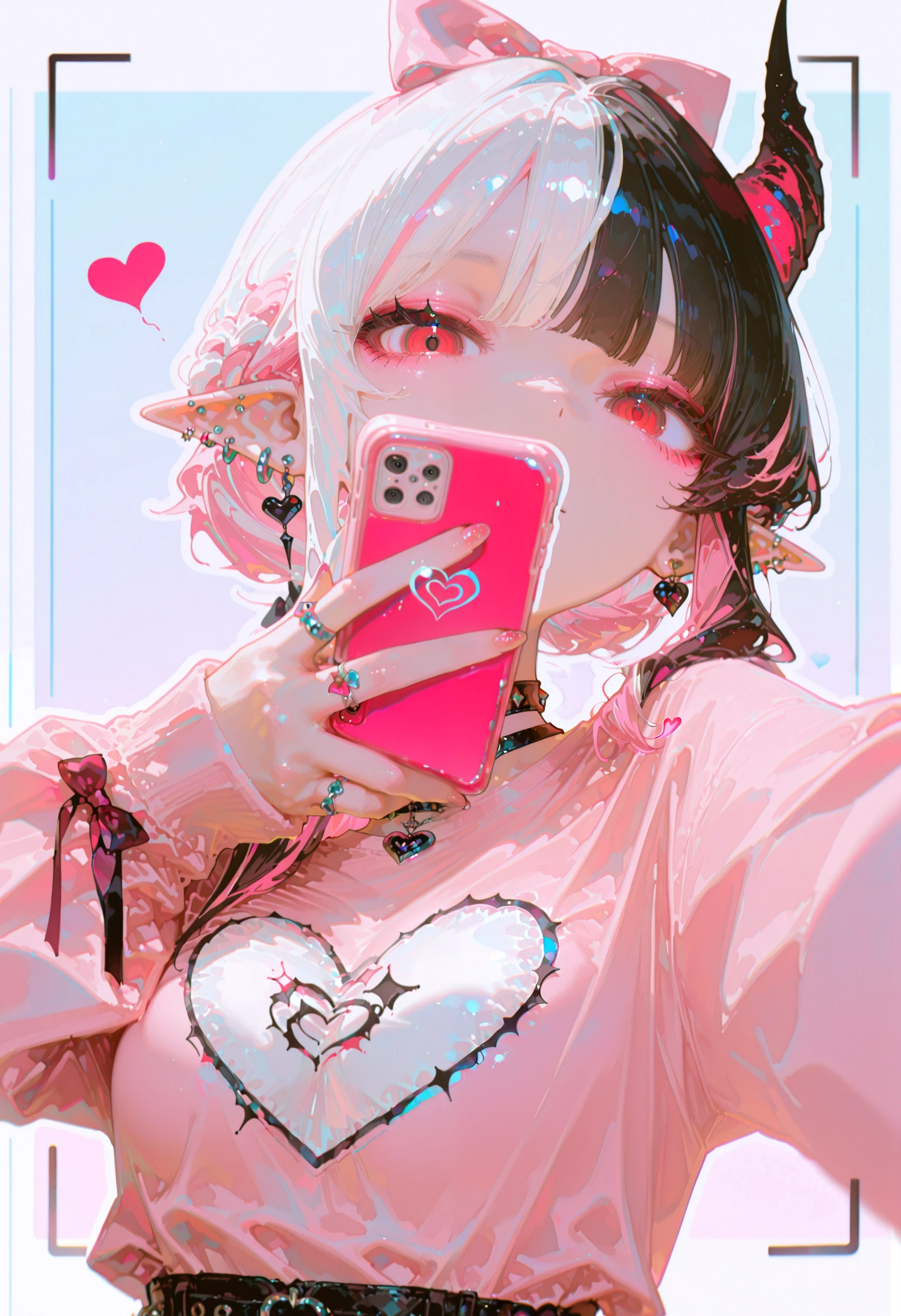 QWlh, 1girl, solo, black hair, multicolored hair, red eyes, looking at viewer, jewelry, pointy ears, bow, white hair, ear piercing, hair bow, piercing, ring, heart, upper body, earrings, long sleeves, viewfinder, streaked hair, pink shirt, pink bow, shirt, pink hair, selfie, horns, <lora:QWlhcnRZYXNzaHk=-illustriousXL_v01_V1-CAME>