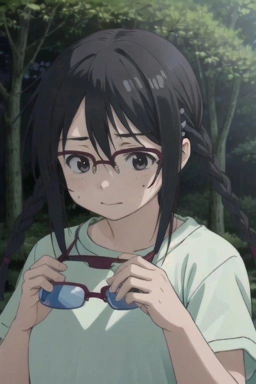 (masterpiece), marutamachi chika, long hair, black hair, black eyes, glasses, 1girl, solo, eyewear removed, braid, holding eyewear, twin braids, holding, hairclip, hair ornament, forest, nature, sweat