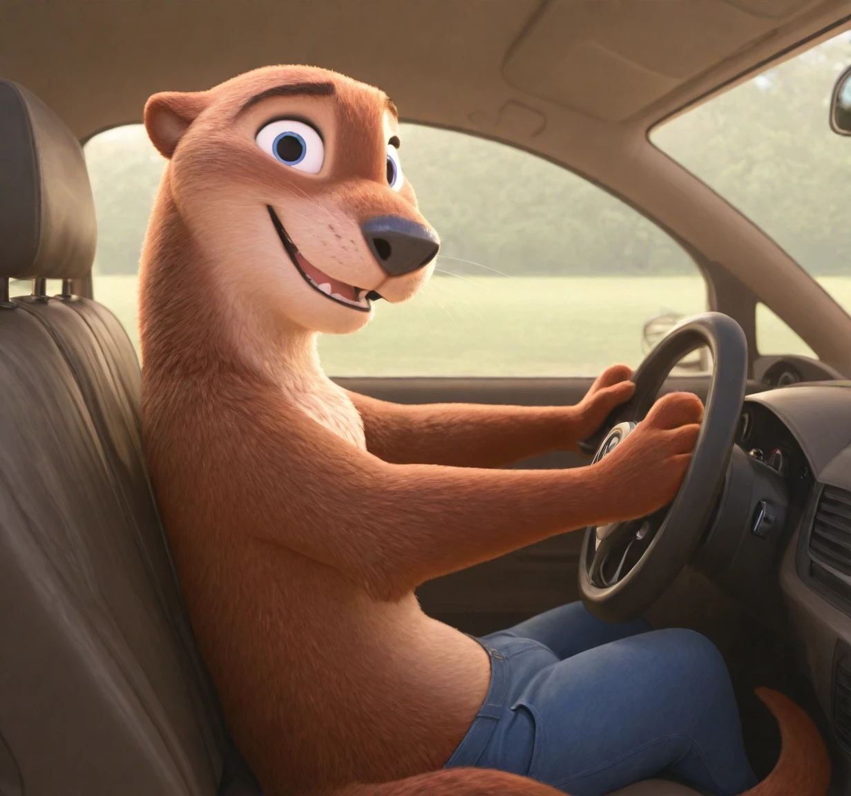 Otter, male, driving, looking at viewer, from side, sitting, car, inside, male, steering wheel, tail, cup holder, talking, teeth, blue eyes, tan fur, pants
