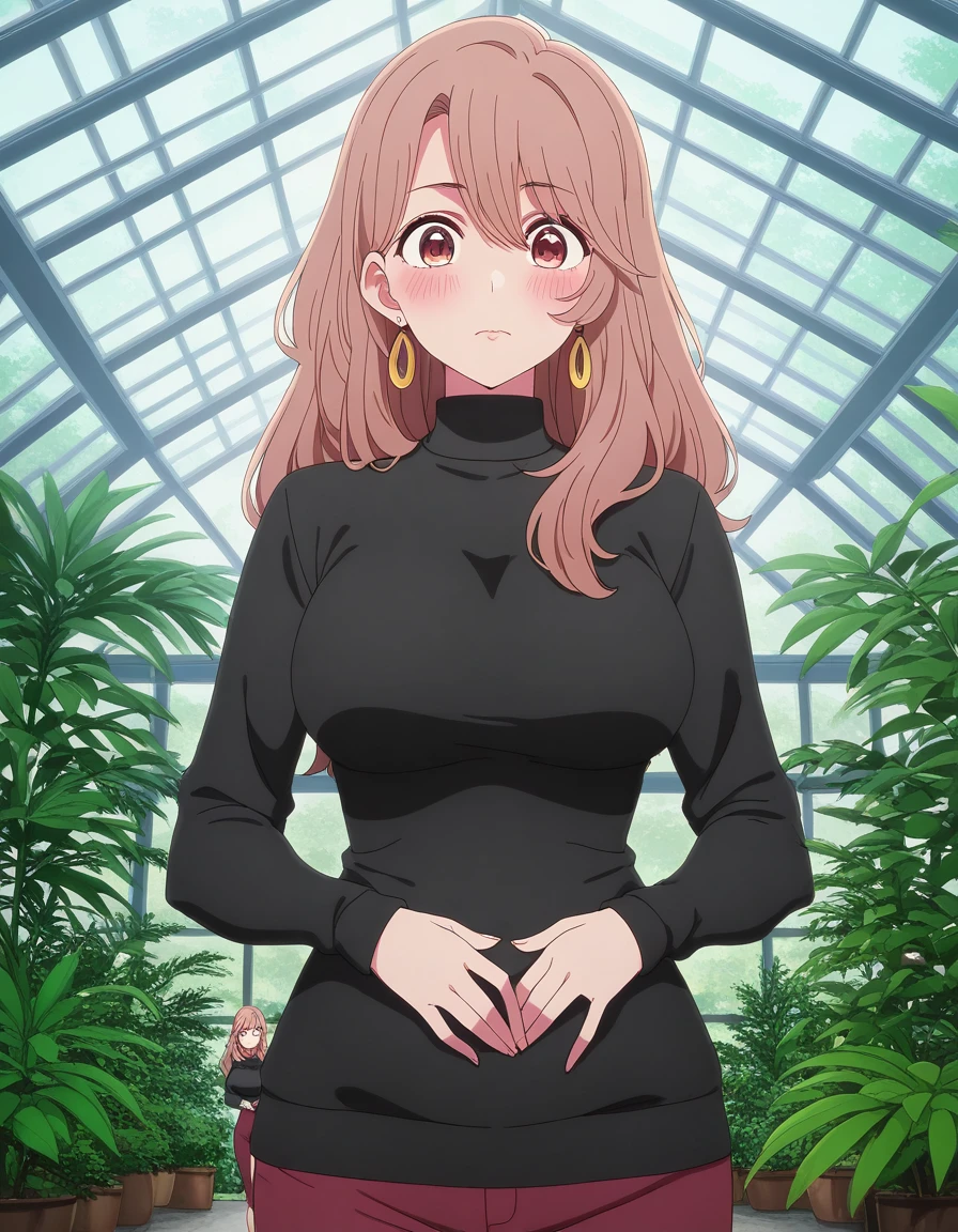 masterpiece, best quality, amazing quality,, <lora:miyako-saitou-s1-illustriousxl-lora-nochekaiser:1>, miyako saitou, saitou miyako, long hair, brown hair, brown eyes, hoop earrings, mature female, breasts, anime screencap, jewelry, earrings, sweater, turtleneck, black sweater,, hands on stomach, blush,, conservatory, plants, glass_roof, sunlight, greenery, cowboy shot, solo, looking at viewer