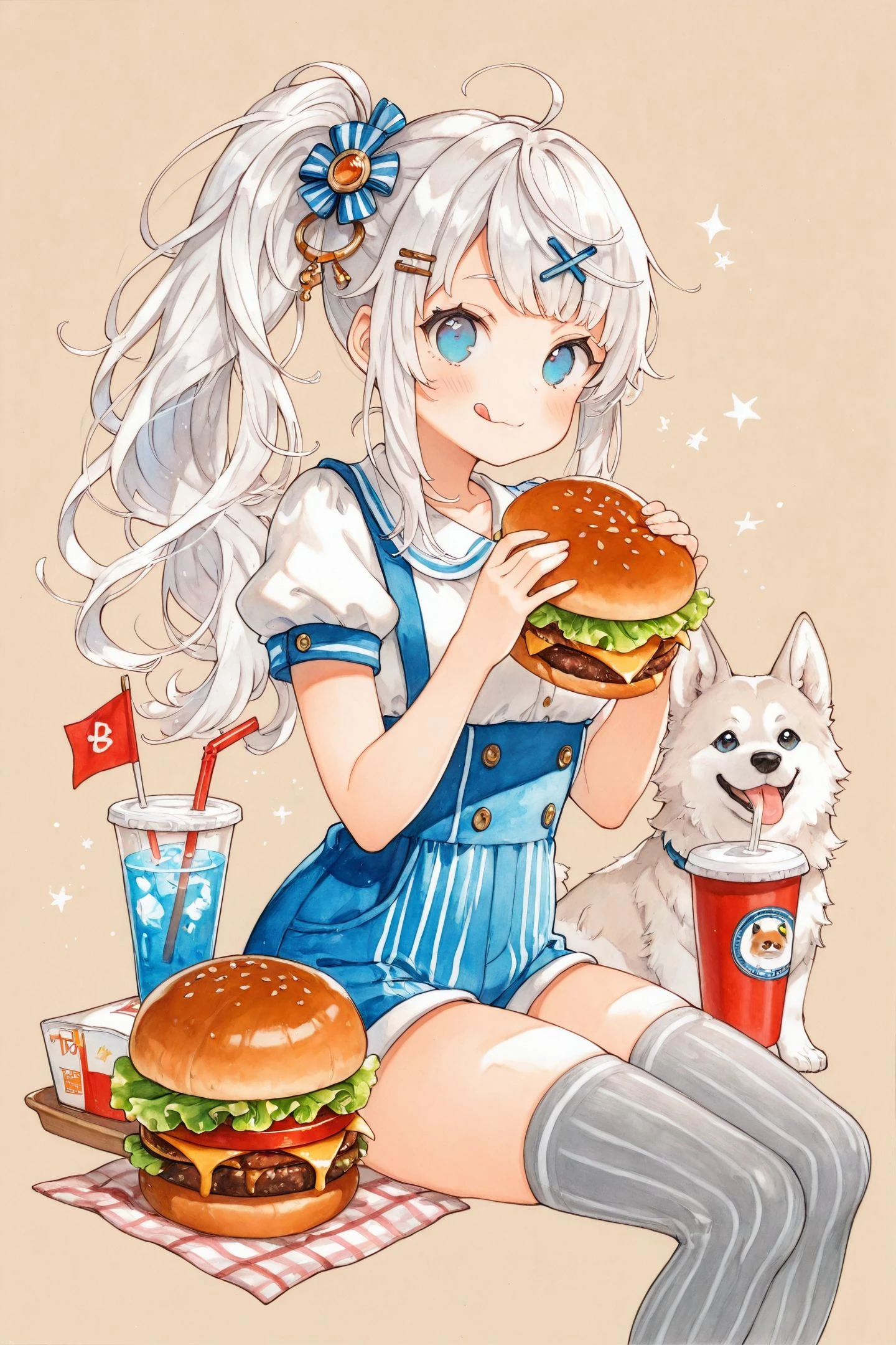 1girl,tongue out,tongue,side ponytail,burger,food,long hair,dog,blue eyes,sitting,white hair,thighhighs,shorts,hair ornament,drinking straw,holding,flag,cup,short sleeves,simple background,solo,looking at viewer,traditional media,
<lora:Uekura Eku_illustriousXL:0.9>,
