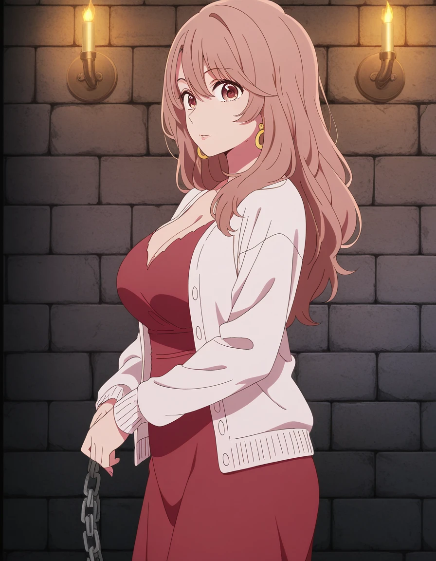 masterpiece, best quality, amazing quality,, <lora:miyako-saitou-s1-illustriousxl-lora-nochekaiser:1>, miyako saitou, saitou miyako, long hair, brown hair, brown eyes, hoop earrings, mature female, breasts, anime screencap, dress, cleavage, jewelry, cardigan, earrings, red dress, white cardigan, long sleeves,, from side, dungeon, stone_walls, chains, torches, dark, cowboy shot, solo, looking at viewer