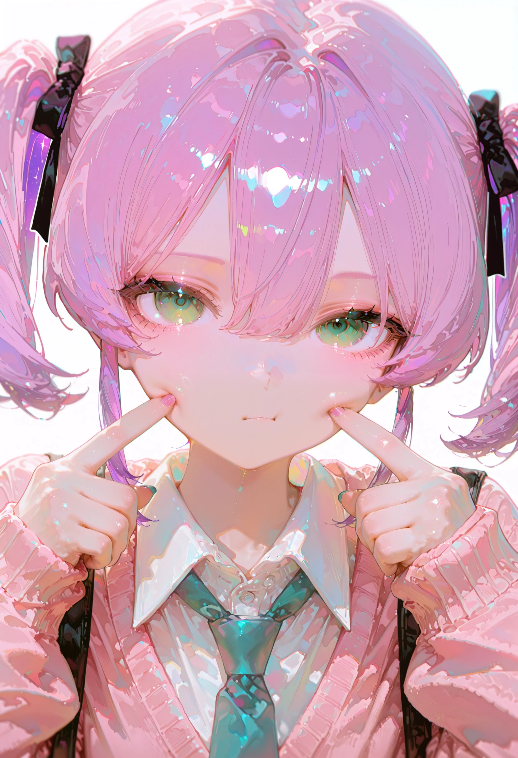 QWlh, 1girl, purple hair, necktie, solo, green necktie, twintails, cheek poking, looking at viewer, shirt, hair between eyes, short twintails, fingernails, nail polish, collared shirt, white shirt, green eyes, poking, cardigan, closed mouth, aqua necktie, pink sweater, pink cardigan, upper body, pointing at self, <lora:QWlhcnRZYXNzaHk=-illustriousXL_v01_V1-CAME>
