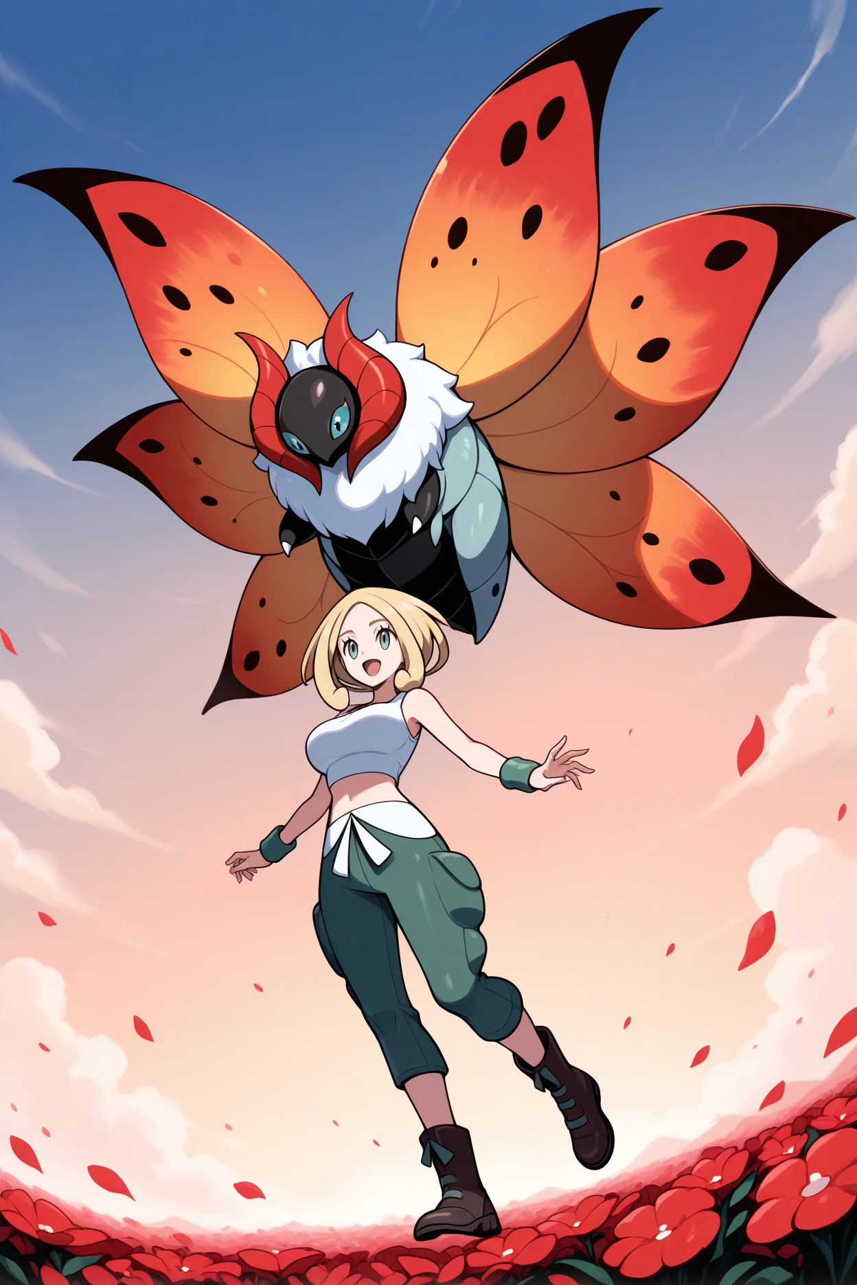 masterpiece, best quality, blue sky, field, red flower petals, wide shot, 1girl, red flowers, blonde hair
volcarona, flying, midair, pokemon \(creature\), blue eyes, red wings, blue trim
1girl, <lora:pkmnviola-illu-nvwls-v1:1> basevol, sidelocks, short hair, blonde hair, parted bangs, forehead, green eyes, white tank top, bare arms, midriff, green wristband, white belt, green pants, cargo pants, brown boots, ankle boots, full body, open mouth, large breasts, looking at another, excited