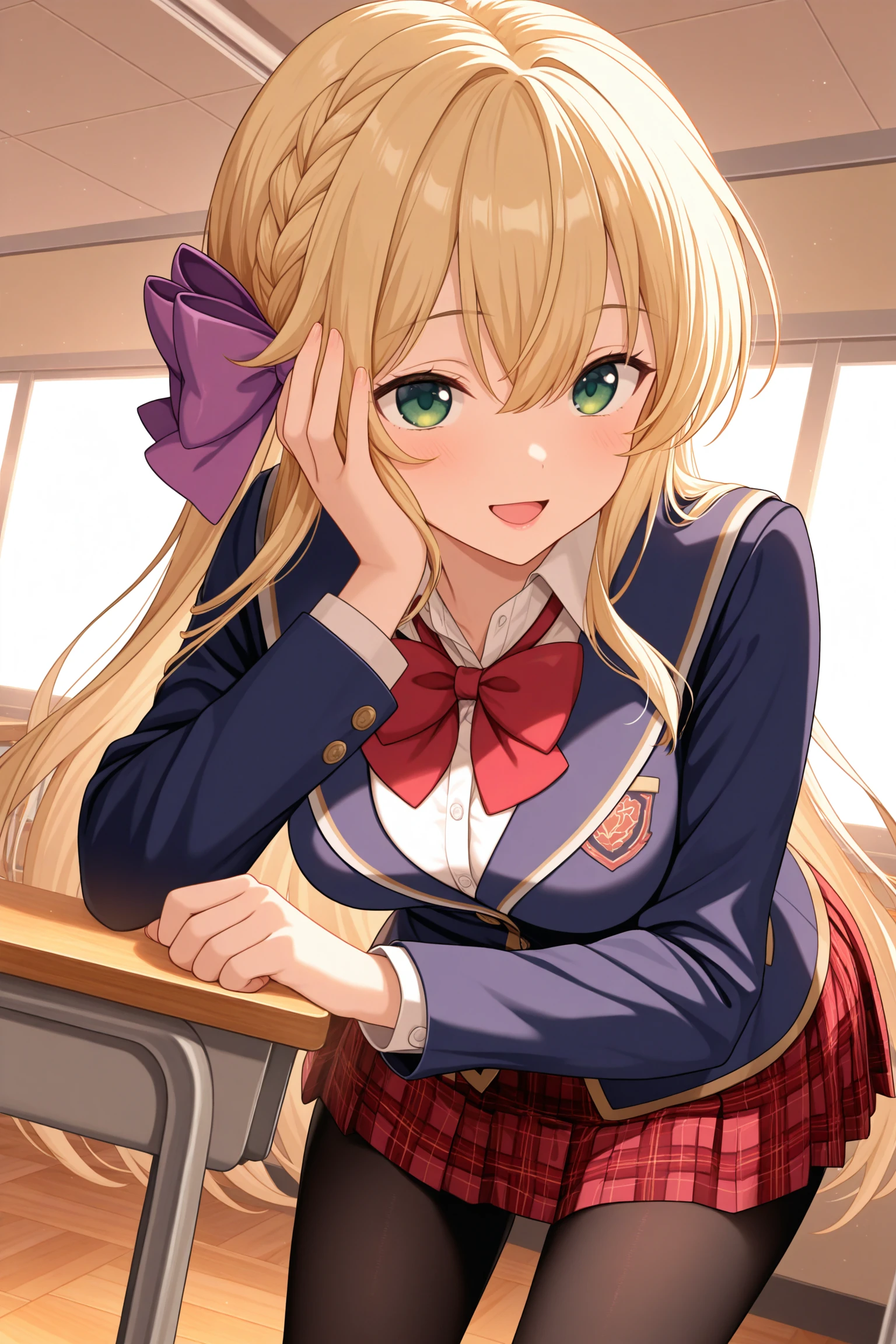 masterpiece, best quality, very aesthetic, mochizukierena, solo, indoors, classroom, blonde hair, hair between eyes, french braid, hair purple bow, very long hair, green eyes, medium breasts, blue jacket, blazer, red bowtie, collared shirt, white shirt, right hand on own face, red skirt, plaid skirt, black pantyhose, school uniform, light smile, open mouth, :d, pink lips, <lora:Mochizuki-Erena:0.7>