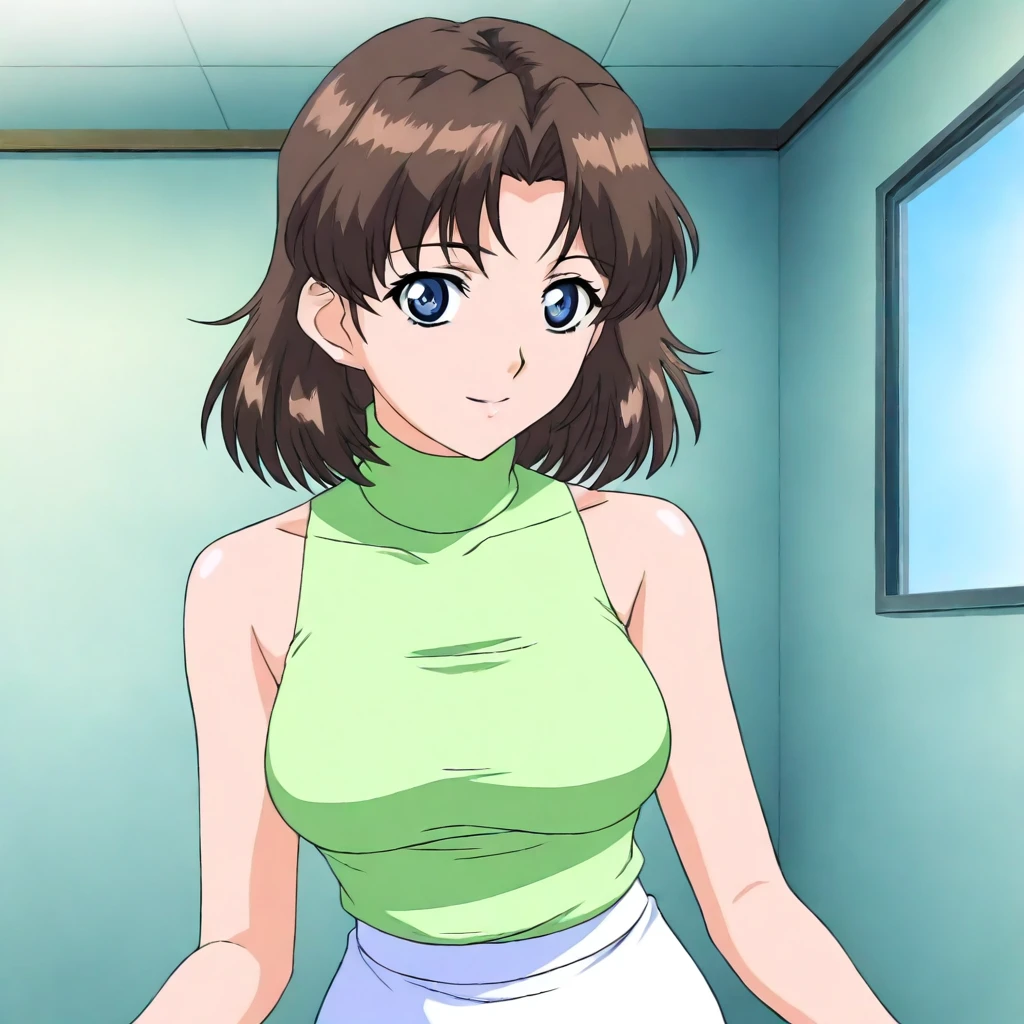 masterpiece,solo,looking at viewer,<lora:Nadeshiko_Minami ilorg v1:1> nadeshiko_minami, brown hair, short hair, blue eyes,green shirt,white pencil skirt,bare shoulders,turtleneck,sleeveless,