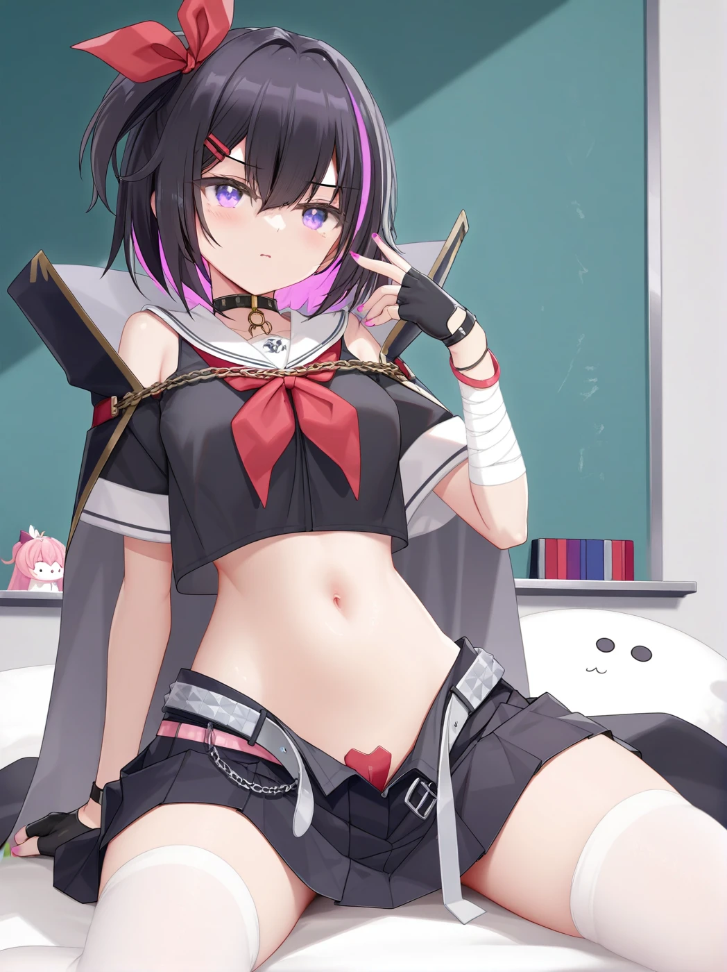 NSFW,One girl,Trick or Treat Cosplay、露出度の高いClothes、Shrug(Clothes)、Short sleeve、Layered Bikini、Purple Bikini、Green Bikini、belt、Nurse cap、mini skirt、Green gloves、Thigh-high socks、Garter Straps,Small breasts,(Perfect hands),(Perfect Anatomy),(masterpiece),(highest quality),Embarrassed,blush,night,hospital,Examination room,White Room,Sitting,Leg spread