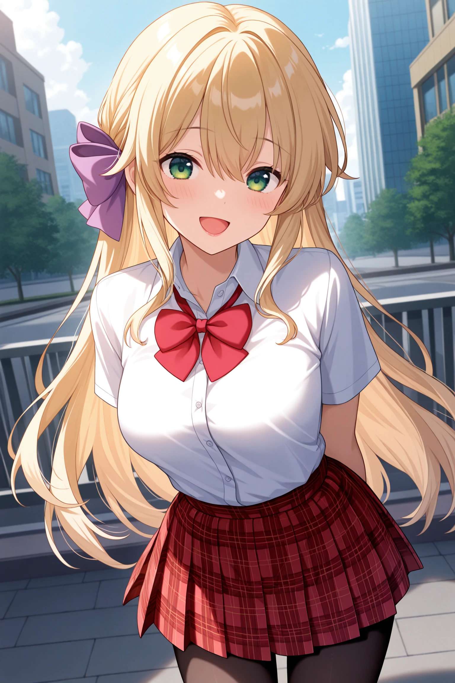 masterpiece, best quality, very aesthetic, mochizukierena, solo, outdoors, city, blonde hair, hair between eyes, hair purple bow, very long hair, green eyes, medium breasts, red bowtie, collared shirt, white shirt, short sleeves, arms behind back, red skirt, plaid skirt, black pantyhose, school uniform, smile, open mouth, :d, pink lips, <lora:Mochizuki-Erena:0.7>