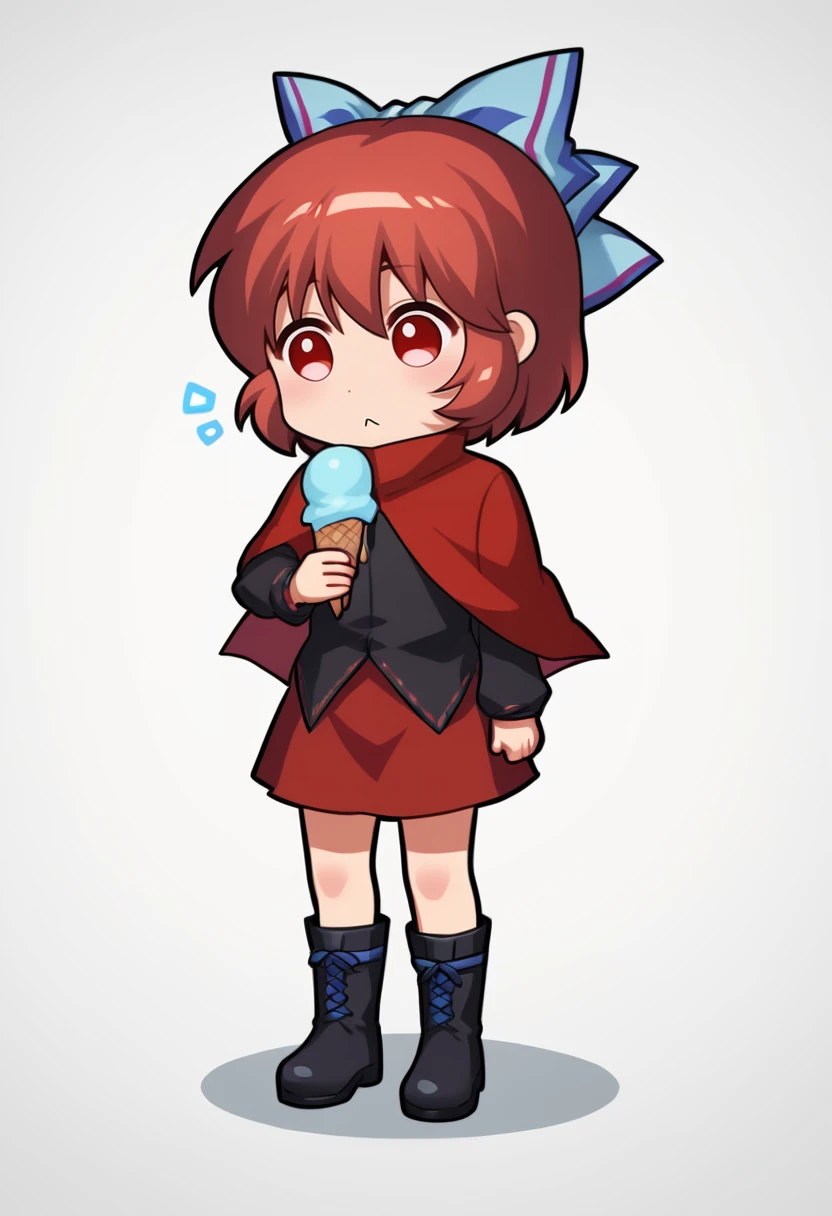 score_9, score_8_up, score_7_up, source_anime, BREAK, 1girl, solo, <lora:Jokanhiyou_Style:1> Emoting_Mokou, chibi, <lora:sekibanki_pony:0.8> sekibanki, red cape, red hair, red eyes, hair bow, blue ribbon, short hair, red skirt, black shirt, untucked shirt, long sleeves, black boots, emotionless, closed mouth, holding ice cream, ice cream, standing, full body, simple background, white background