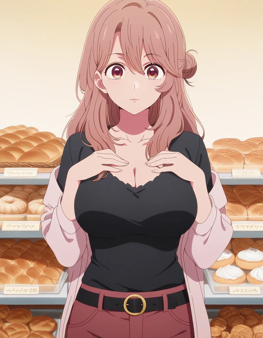 masterpiece, best quality, amazing quality,, <lora:miyako-saitou-s1-illustriousxl-lora-nochekaiser:1>, miyako saitou, saitou miyako, long hair, brown hair, brown eyes, hair bun, single hair bun,, mature female, breasts, anime screencap, shirt, collarbone, jacket, belt, pants, black shirt, casual, cleavage,, hands on own chest,, bakery, bread, pastries, sweets,, cowboy shot, solo, looking at viewer
