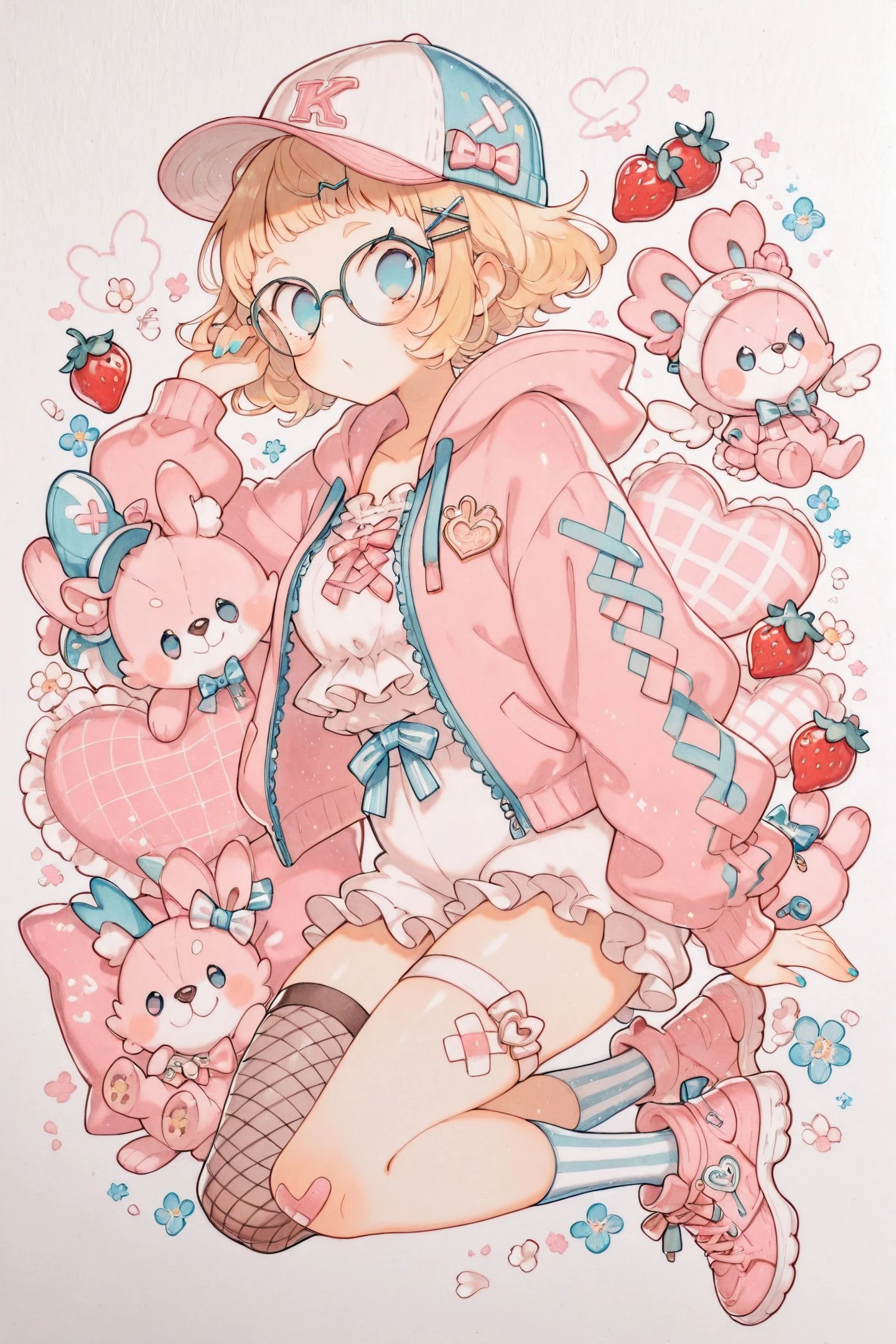 1girl,solo,blonde hair,blue eyes,socks,hood,asymmetrical legwear,hat,food,bandaid,pillow,shorts,glasses,fishnets,striped clothes,short hair,bow,hood down,stuffed toy,fruit,looking at viewer,white background,baseball cap,stuffed animal,shoes,mismatched legwear,heart,hoodie,striped socks,long sleeves,frills,stuffed rabbit,full body,hair ornament,thighhighs,jacket,strawberry,traditional media,
<lora:Uekura Eku_illustriousXL:1.5>,