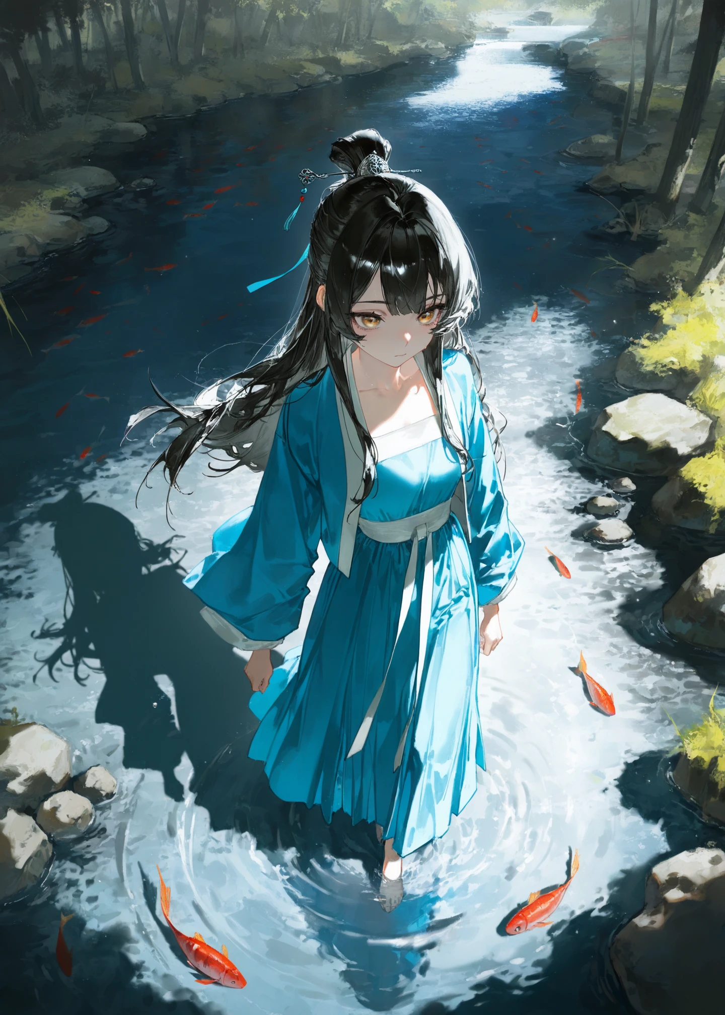 masterpiece,best quality,amazing quality,very aesthetic,absurdres,newest,(dino_(dinoartforame):0.3),(yoneyama mai:0.7),(quasarcake:0.5),from_above,1girl,gui_zhong,hanfu,standing by the river,there are many fish in the river,bright light and shadow,transparent river water,willows,