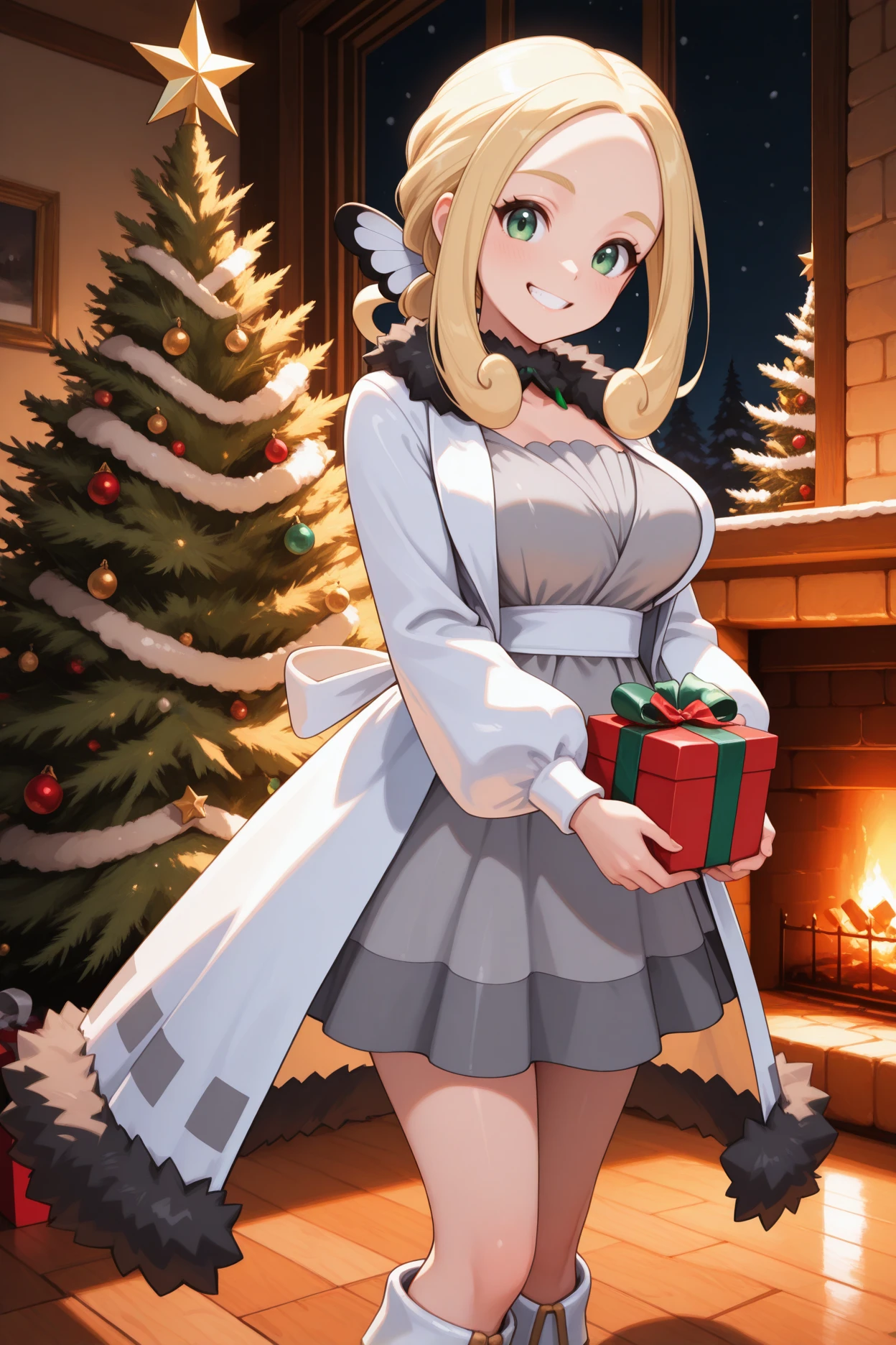 masterpiece, best quality, 1girl, solo, <lora:pkmnviola-illu-nvwls-v1:1> holvol, sidelocks, blonde hair, parted bangs, forehead, low ponytail, green eyes, butterfly hair ornament, black collar, fur collar, white coat, long sleeves, grey dress, grey skirt, fur trim, white boots, knee boots, large breasts, standing, grin, christmas tree, fireplace, holding gift box, indoors, night, looking at viewer