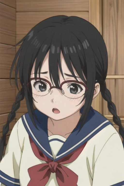 (masterpiece), marutamachi chika, long hair, black hair, black eyes, glasses, 1girl, school uniform, solo, braid, twin braids, serafuku, over-rim eyewear, twintails, open mouth, :o, jimiko